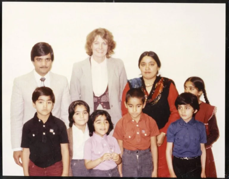  Anwar, Shuja and family members with campaign supporter Vanessa Redgrave at a celebration party organised by the Anwar Ditta Defence Committee, 1980 [Photo courtesy of Anwar Ditta] 