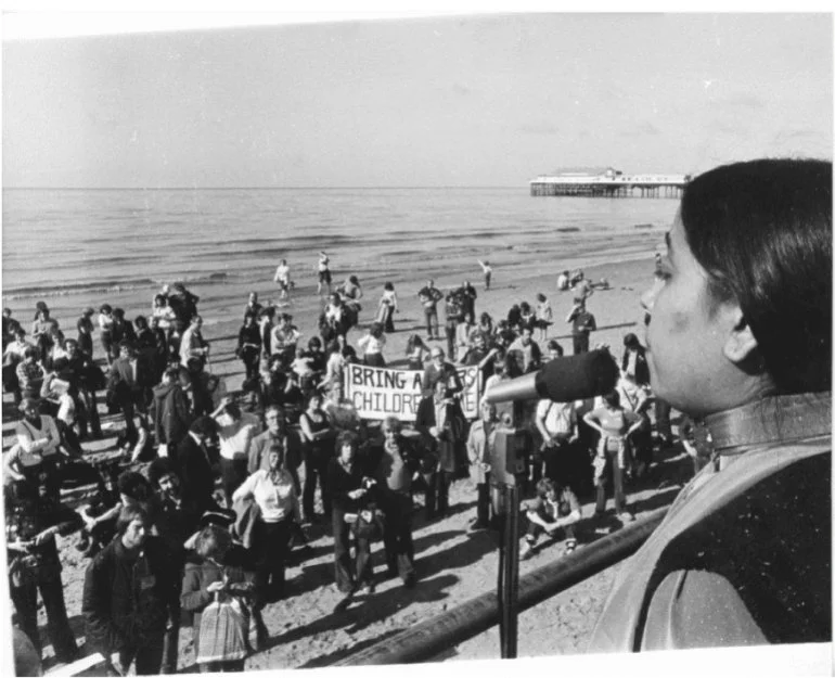  Anwar speaking at a picket in Blackpool in 1980, where the Labour Party’s annual conference was being held that year [Photo courtesy of Anwar Ditta] 