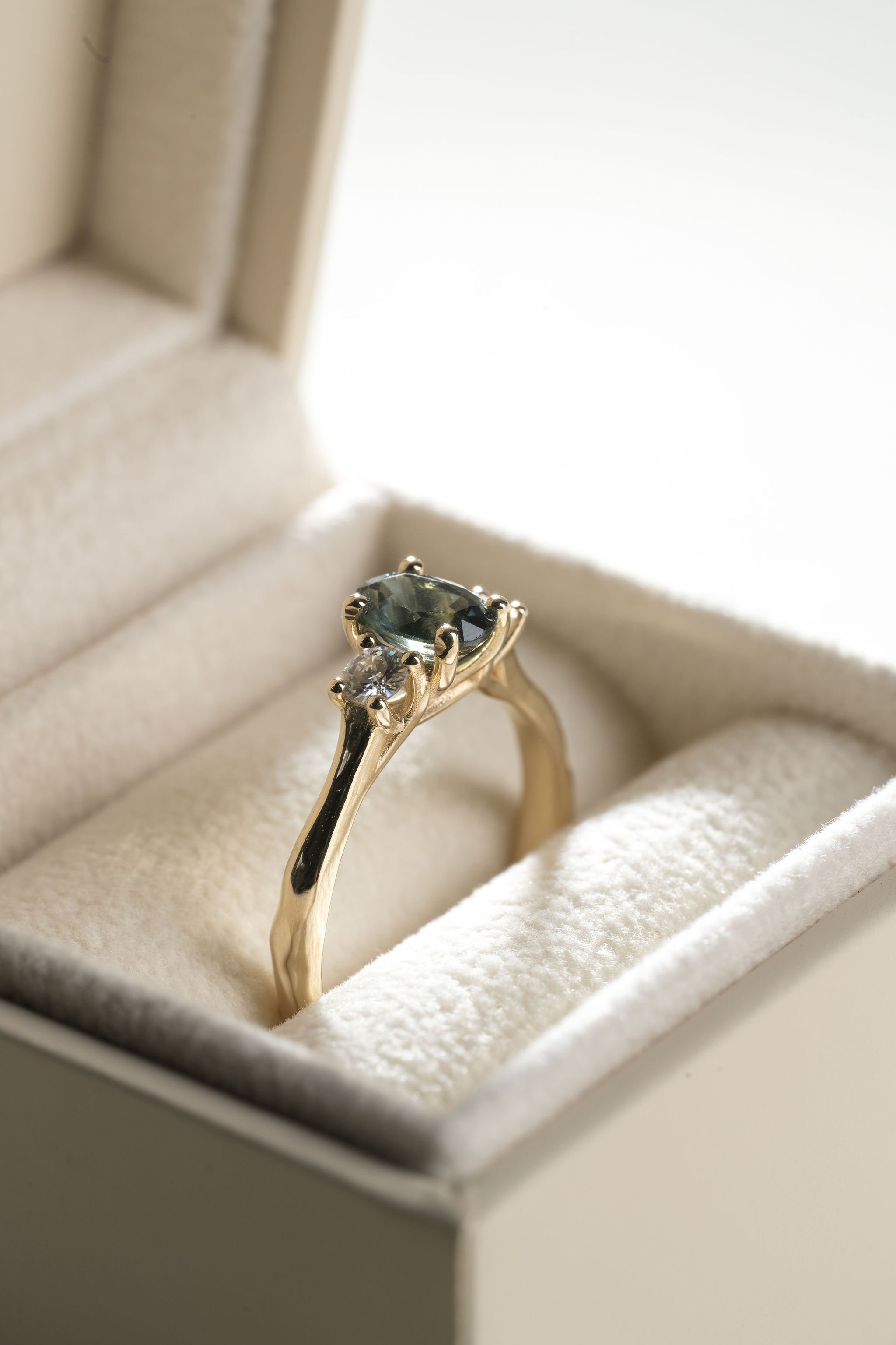 Teal Sapphire Trio Engagement Ring - Found Treasure Jewellery Naomi Lewis1.jpg