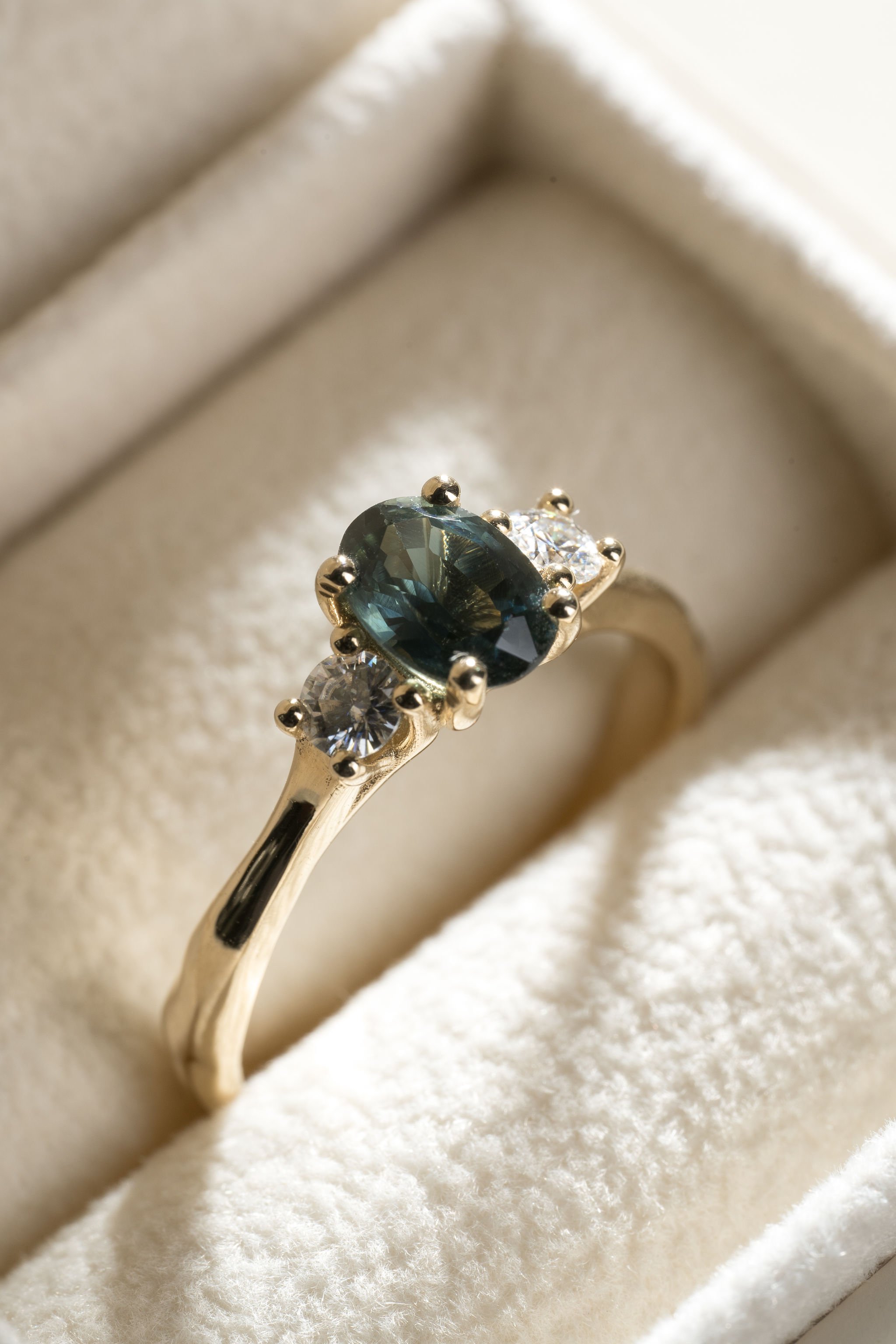 Teal Sapphire Trio Engagement Ring - Found Treasure Jewellery Naomi Lewis2.jpg