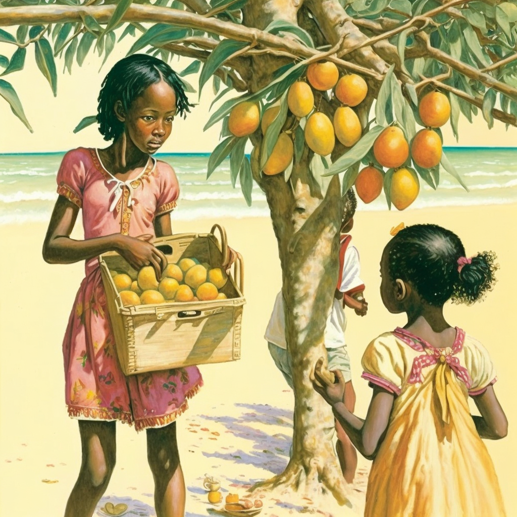 Children picking mangoes. Charlestown Beach, Nevis. (1972)