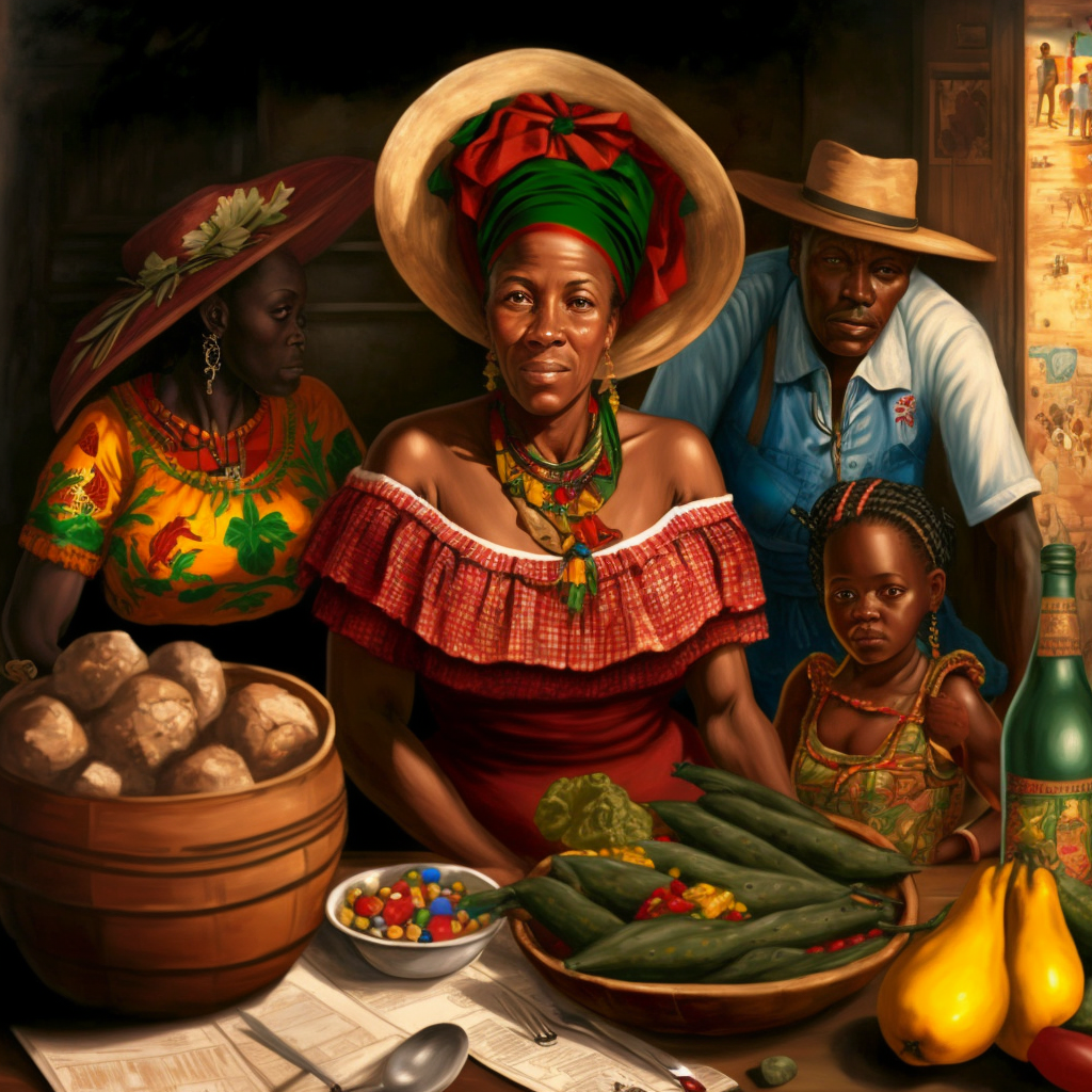 Generational family operating their market stall. Old Market Square, Dominica. (1965)