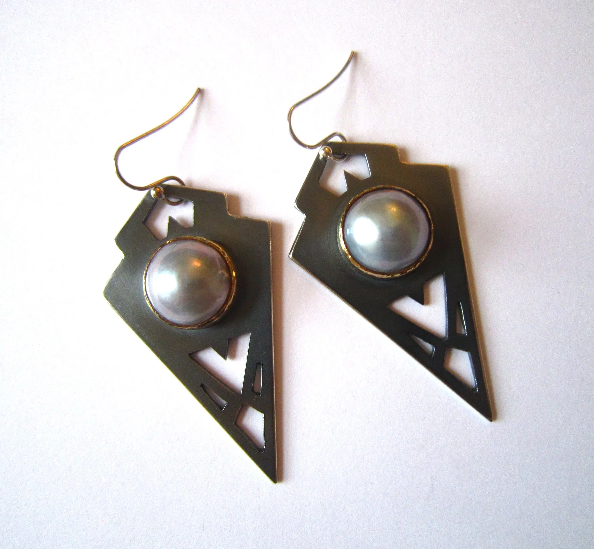 Mabe Pearl "Arrow Head" Oxidised SIlver Earrings with 18ct Gold Setting