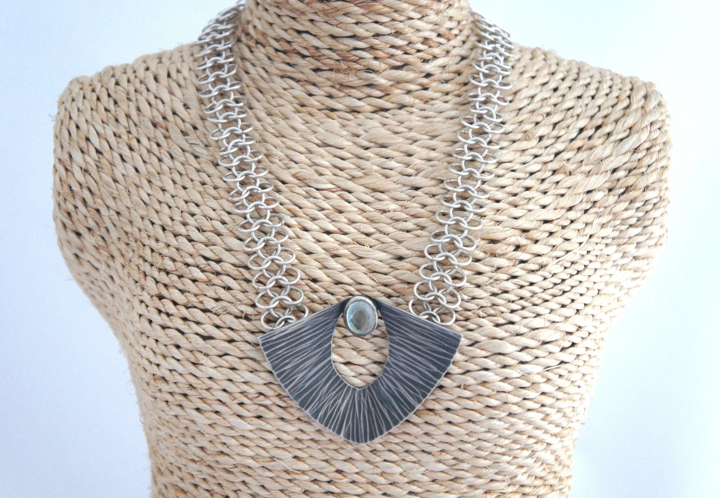 Hammered and Oxidised Silver with Aquamarine and Chainmail Necklace