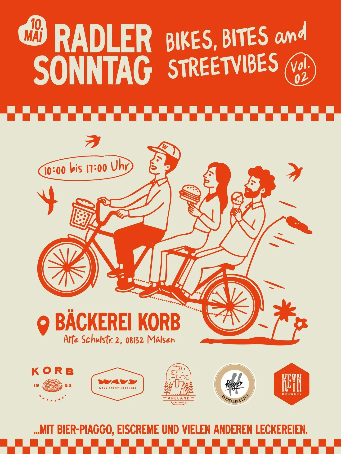 Freunde! Am 10.05.2026 ist wieder Radlersonntag! 🚲
Das bedeutet, dass unser Bikes, Bites &amp; Streetvibes in eine neue Runde startet! 

👉🏼 Kommt vorbeigeradelt! Ab 10:00 Uhr bei der B&auml;ckerei Korb (Alte Schulstra&szlig;e 2, 08132 M&uuml;lsen)