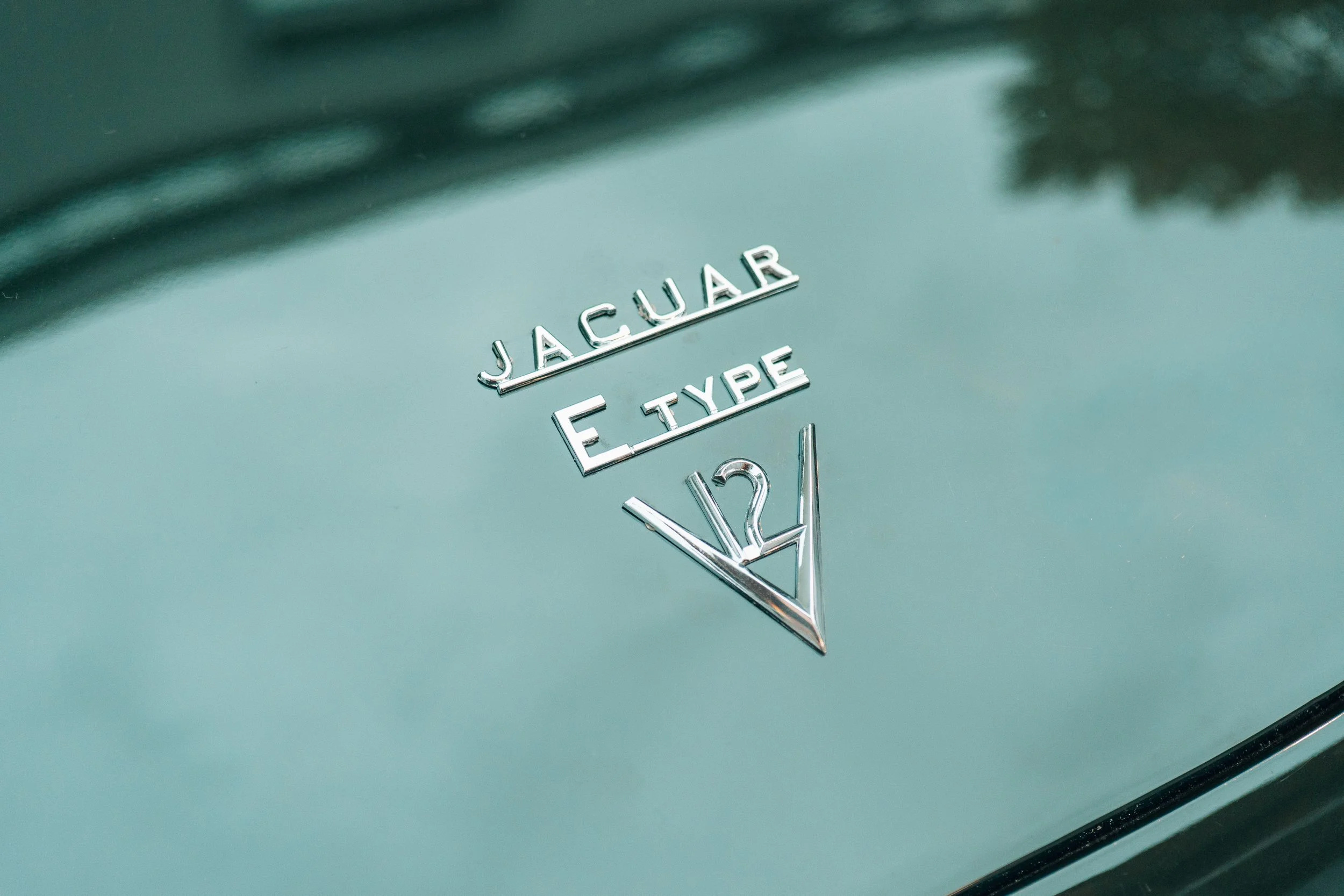 Jaguar E-Type, V12-Schriftzug am Heck