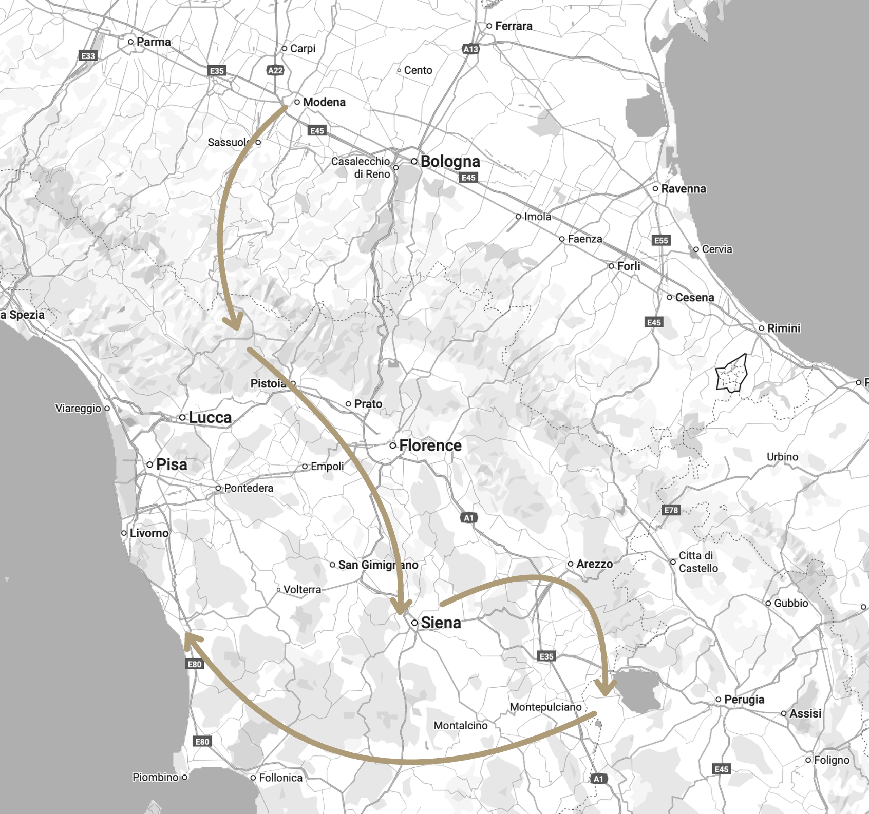 Map of Italy showing a route connecting Bologna, Florence, Siena, and Modena, with arrows indicating a circular travel path through these cities.