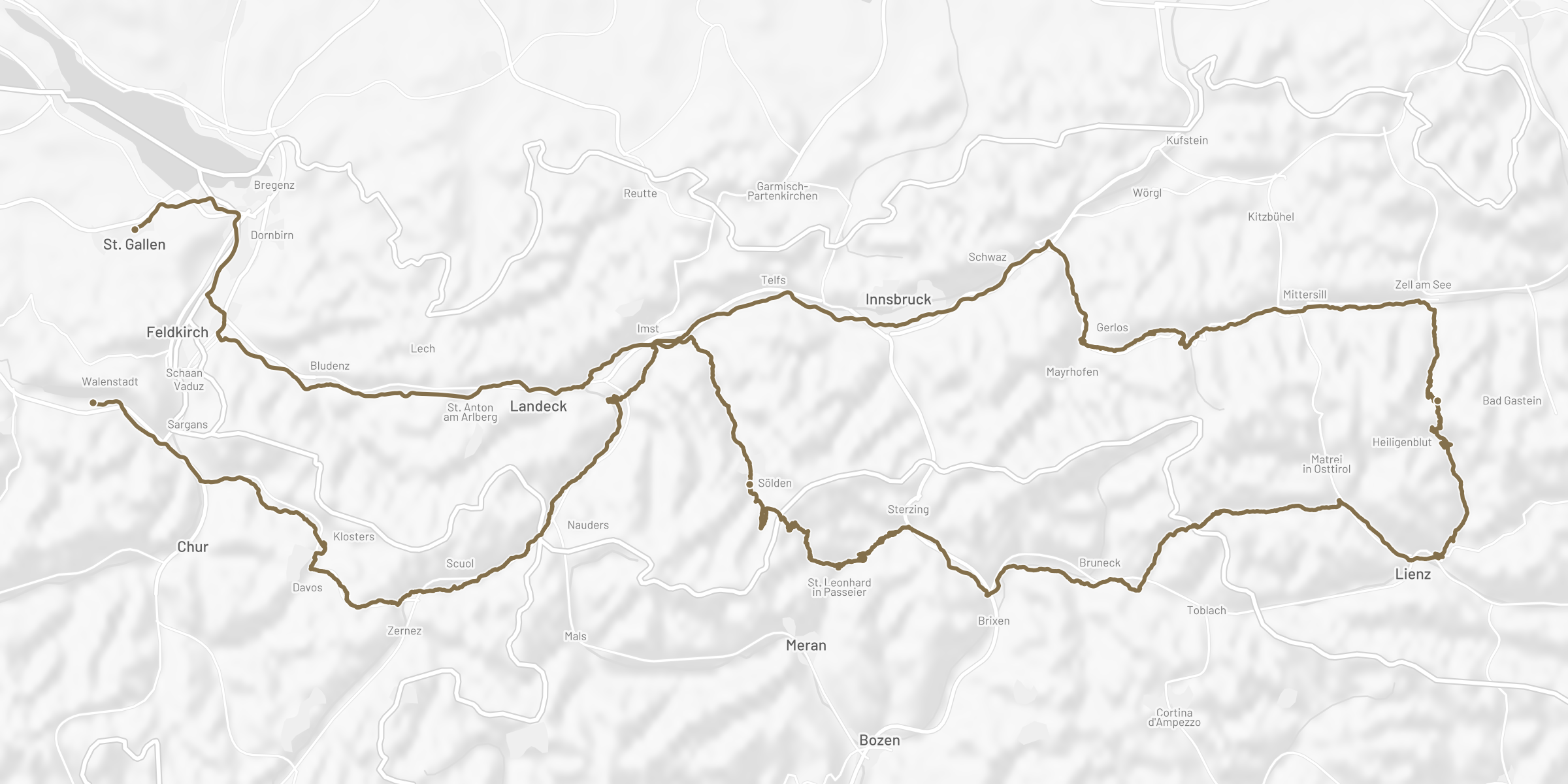 Route map of the One Tank Tour Grossglockner: from the Walensee over the Flüela pass to Sölden, the Timmelsjoch and the Grossglockner High Alpine Road, returning over the Arlberg to St. Gallen