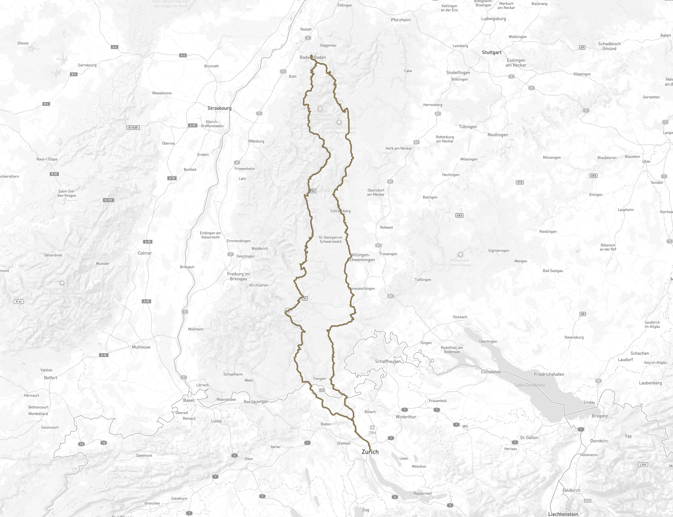 One Tank Tour Schwarzwald route map - 500km from Zurich to Baden-Baden