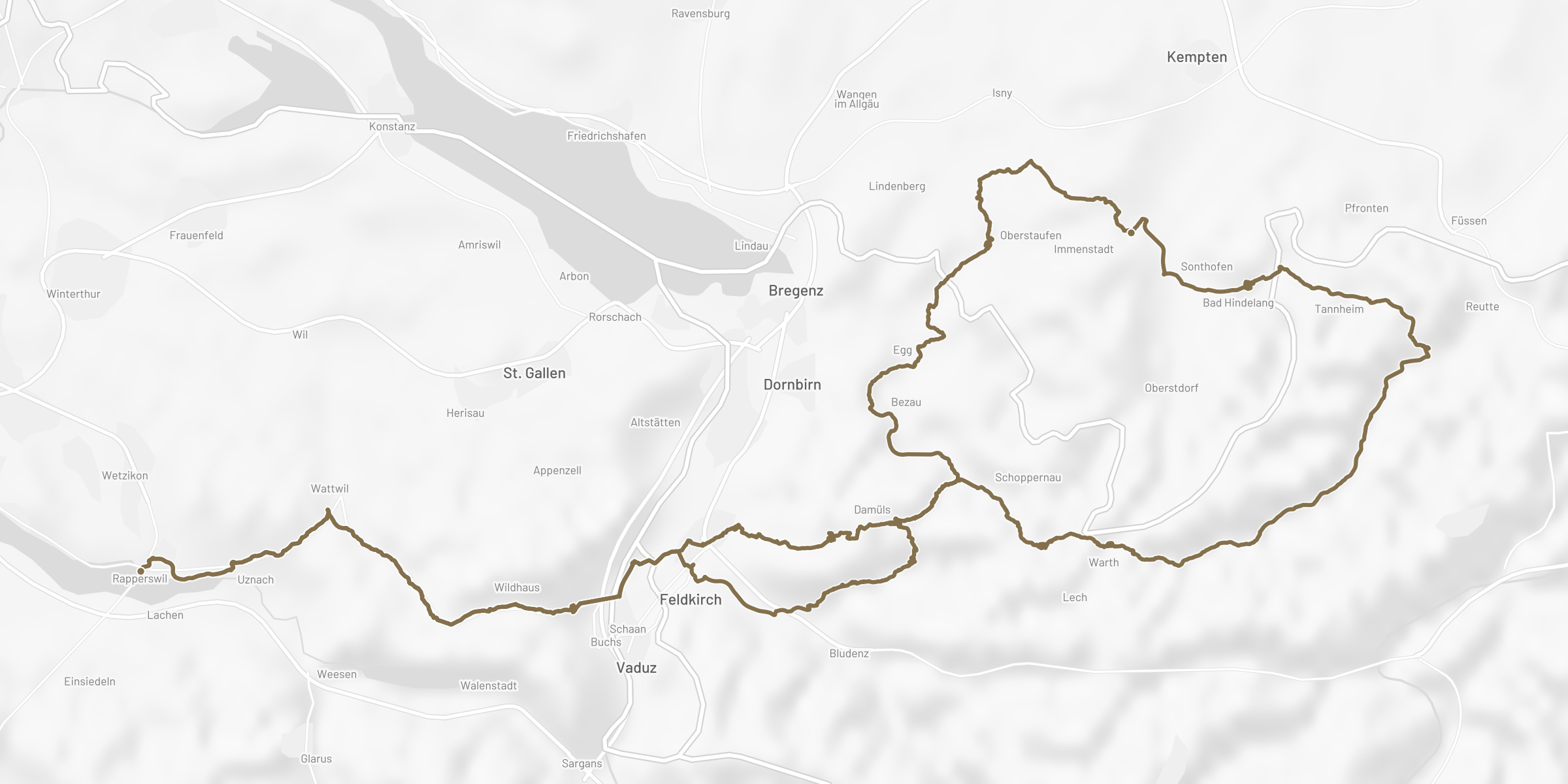 Streckenplan der One Tank Tour Vorarlberg: von Rapperswil über das Furkajoch nach Immenstadt im Allgäu, dann durch das Lechtal und Liechtenstein zurück nach Rapperswil