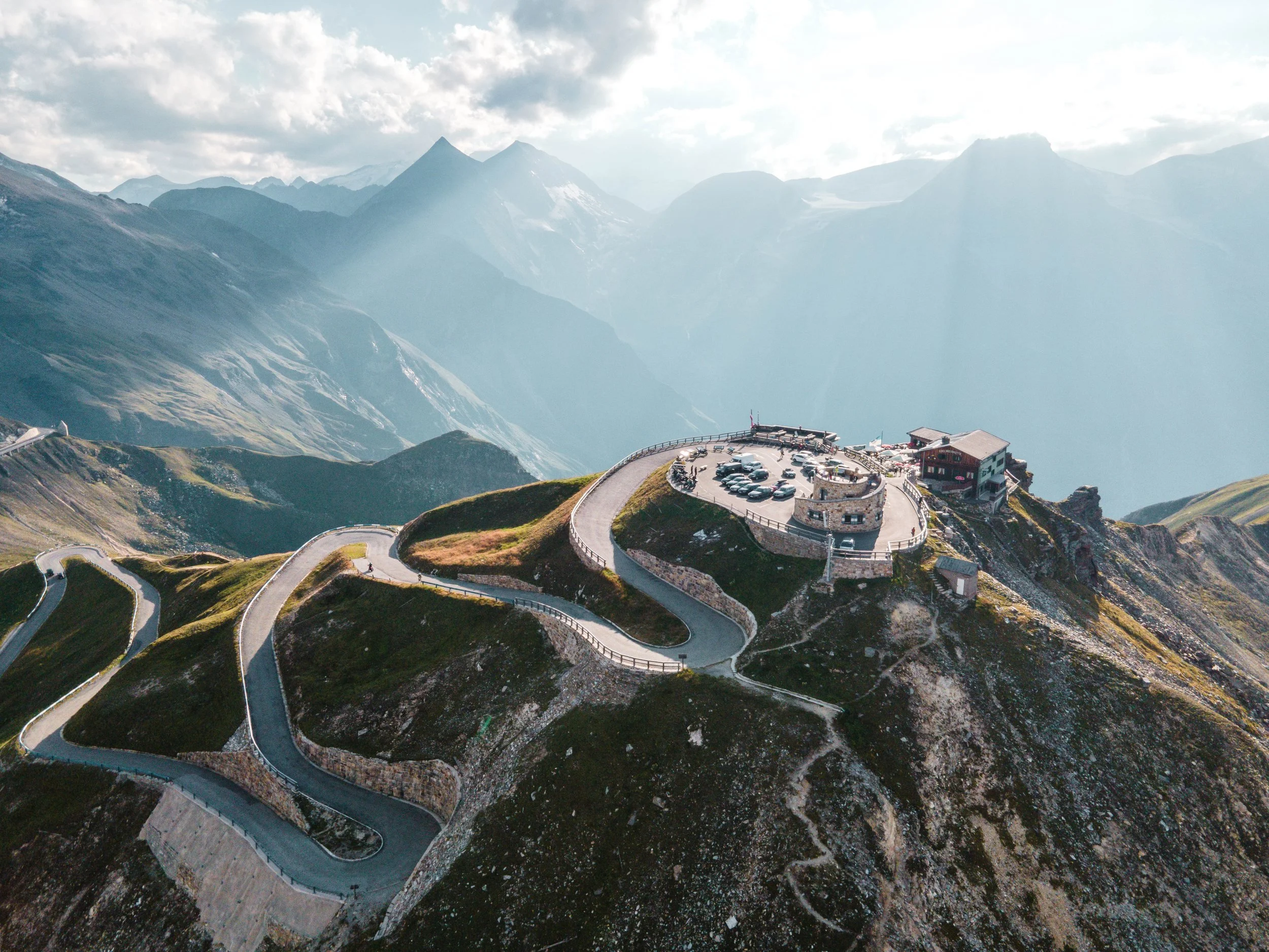 Switchbacks of the Grossglockner High Alpine Road below the Edelweißspitze, seen from above