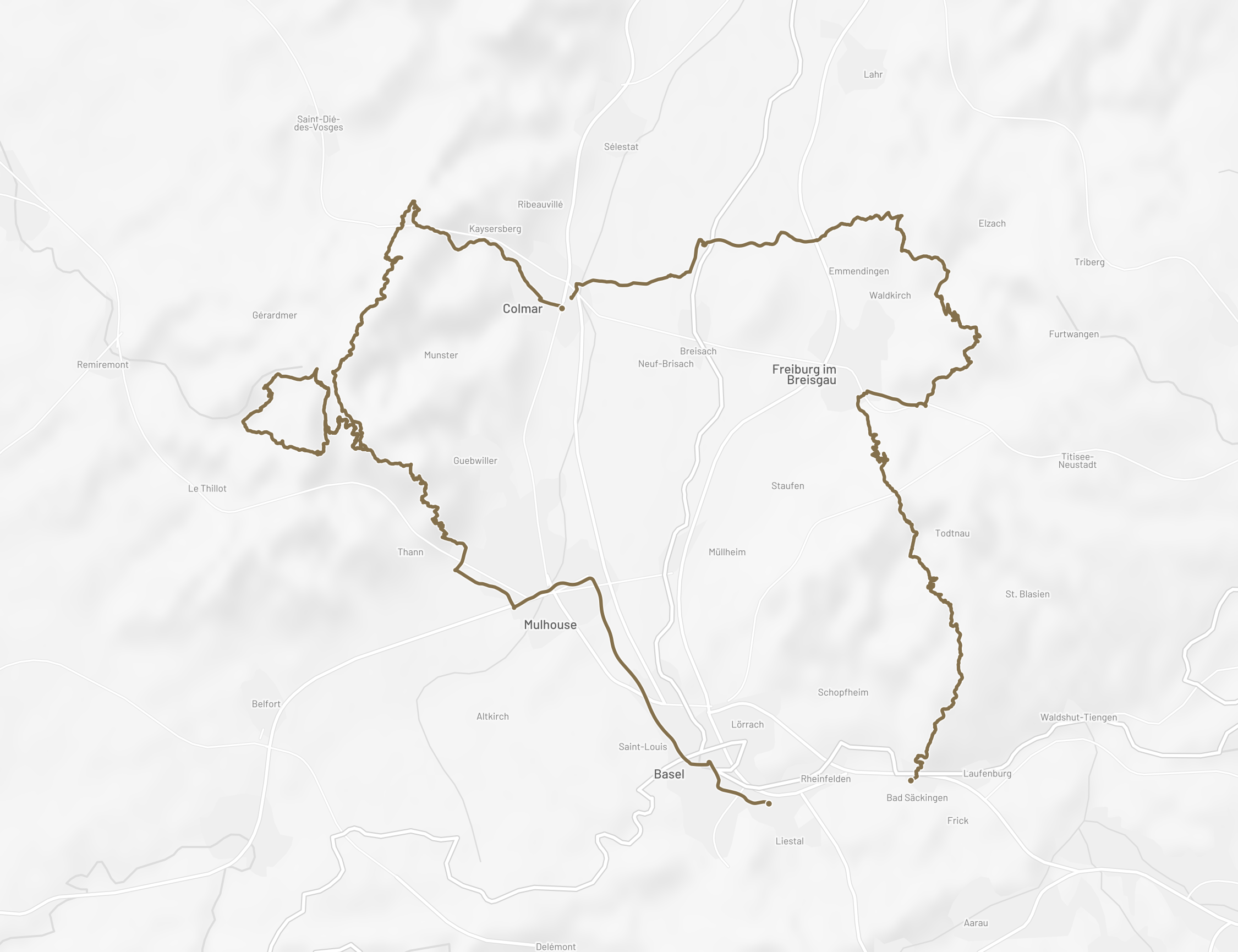 Streckenplan der One Tank Tour Alsace: von Bad Säckingen über den Schwarzwald nach Colmar, dann entlang der Route des Crêtes in den Vogesen nach Pratteln