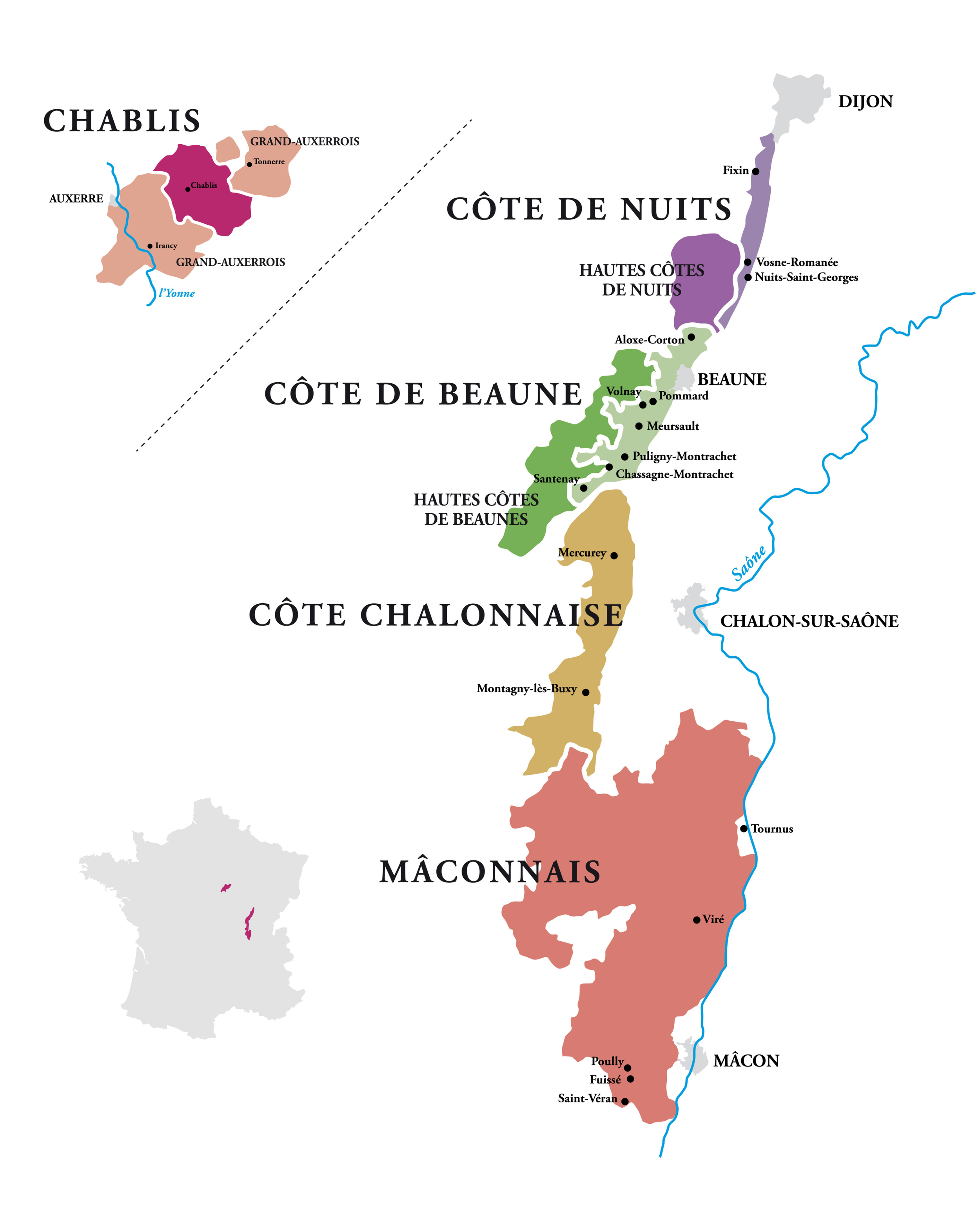 Map of Burgundy wine regions in France, showing Chablis in the northern part, Côte de Nuits, Côte de Beaune, Côte Chalonnaise, and Mâconnais regions in the south, with nearby towns and rivers.