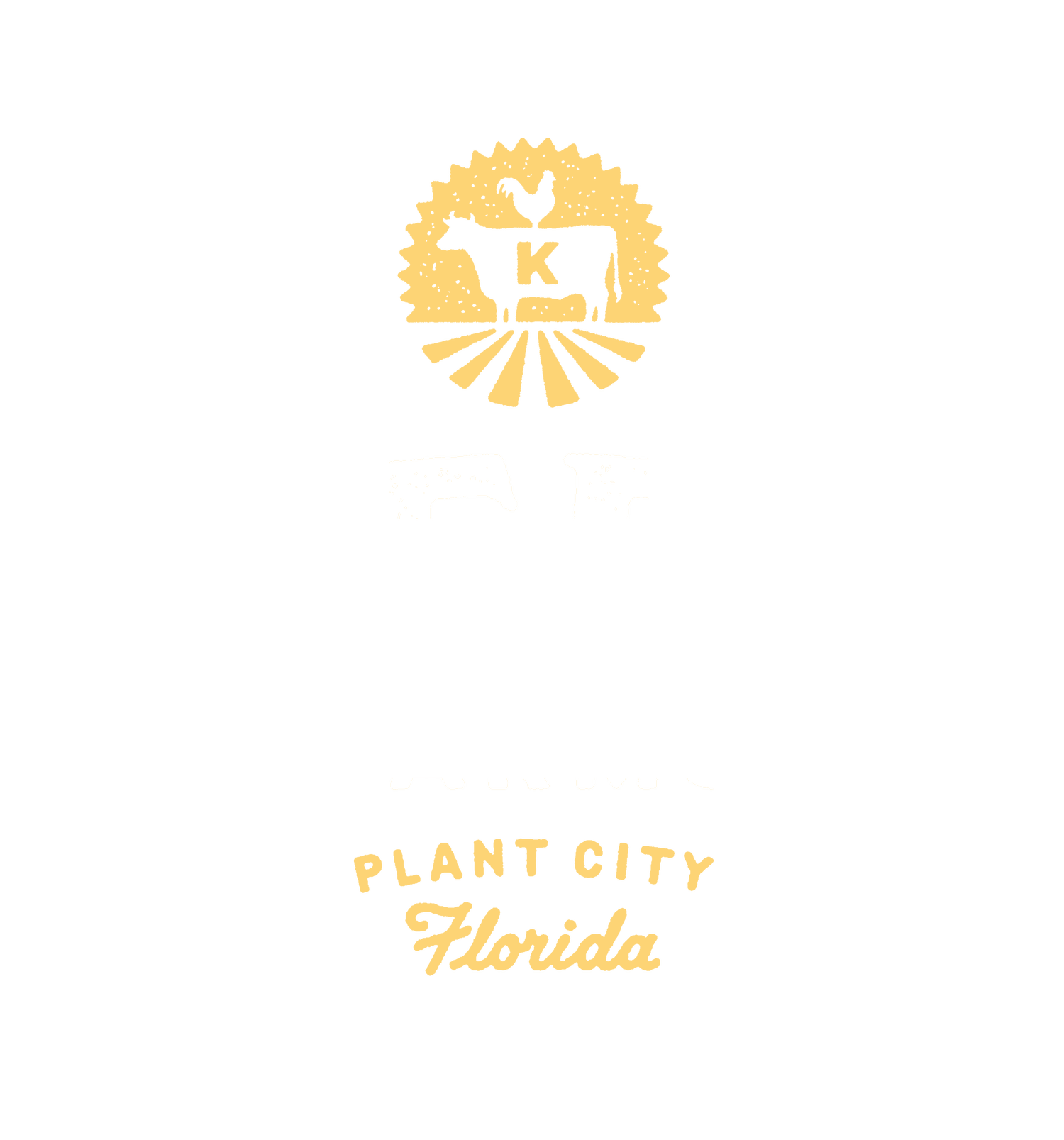 Logo for Keel Farms in Plant City, Florida, featuring a cow silhouette with a chicken silhouette on top, surrounded by a sunburst design, with the text 'Keel Farms', 'Plant City Florida'.