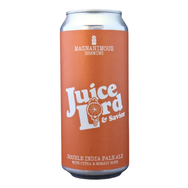 A tall aluminum can of Juice Lord Et Savor beer, with an orange label from Magnanimous Brewing, describing it as a double India pale ale with citra and mosaic hops.