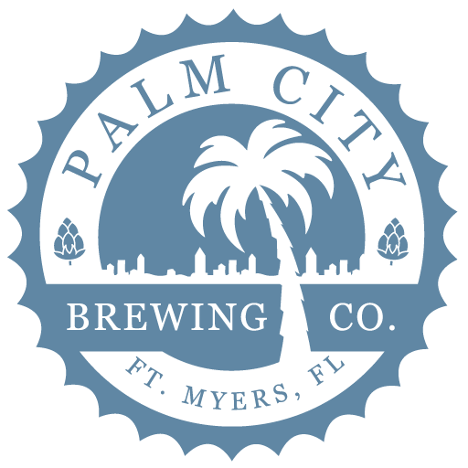 Logo of Palm City Brewing Co., featuring a palm tree with a sunset skyline silhouette in the background, located in Fort Myers, Florida.