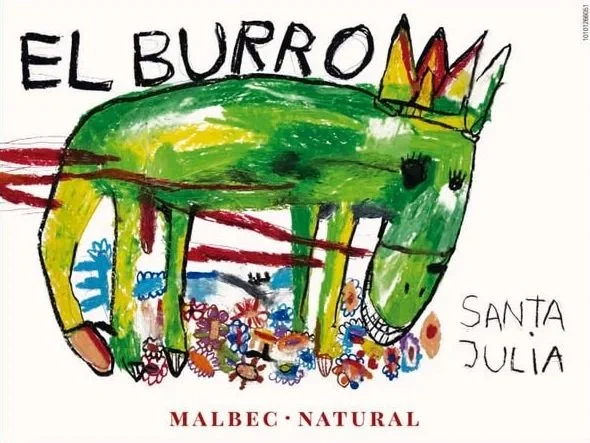 Colorful children's drawing of a green animal with a crown, labeled "El Burro" (The Donkey), with "Santa Julia" and "Malbec Natural" written next to it.