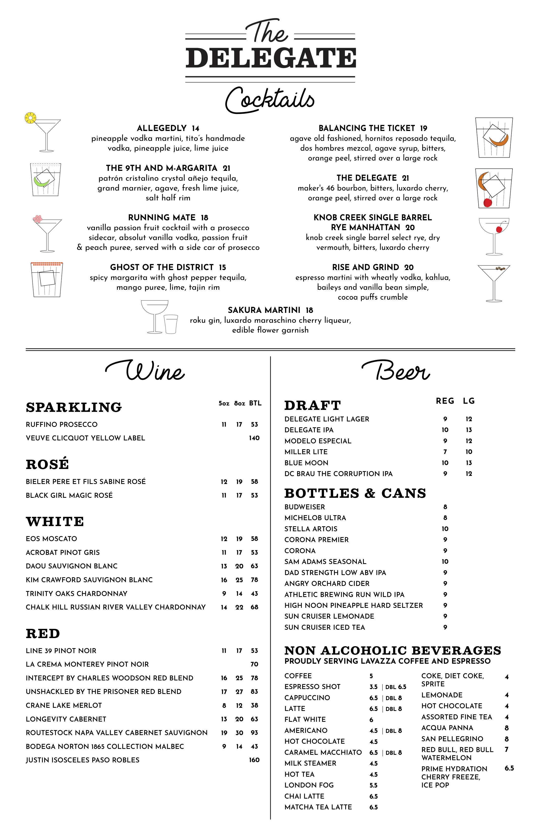 Menu from The Delegate listing cocktails, wines, beers, and non-alcoholic drinks with item names, ingredients or flavor notes, serving sizes, and prices.