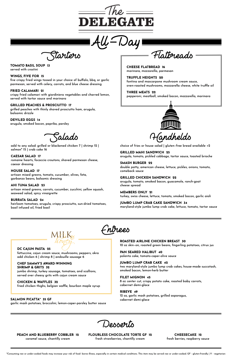 Restaurant menu titled ‘The Delegate All‑Day’ listing starters, salads, flatbreads, handhelds, entrées, and desserts with item names, brief descriptions, prices, and gluten‑free indicators.