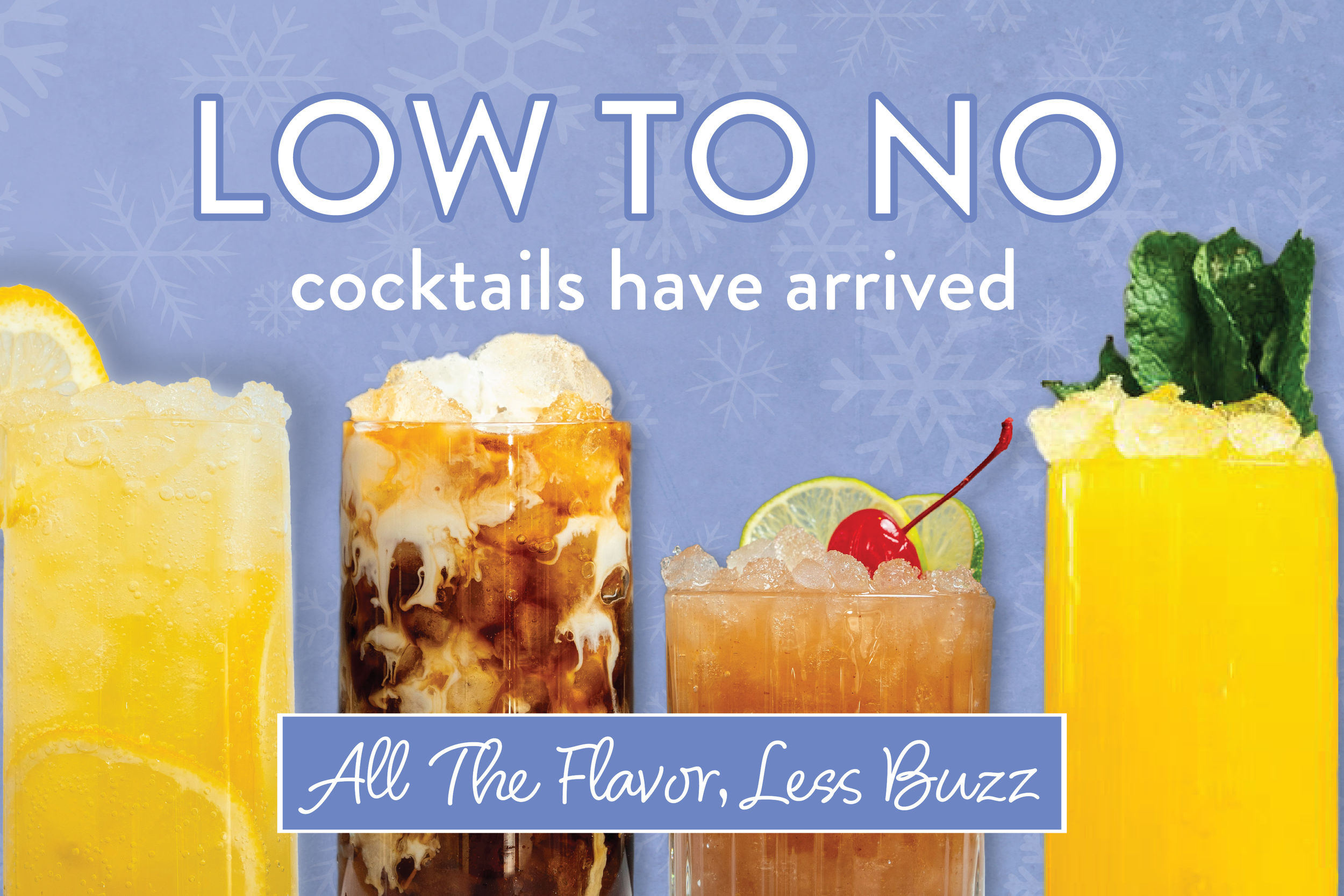 Thompson Restaurants Low to No beverage menu featuring low-proof cocktails, zero-proof cocktails, and low ABV beers with colorful drink images on a blue background