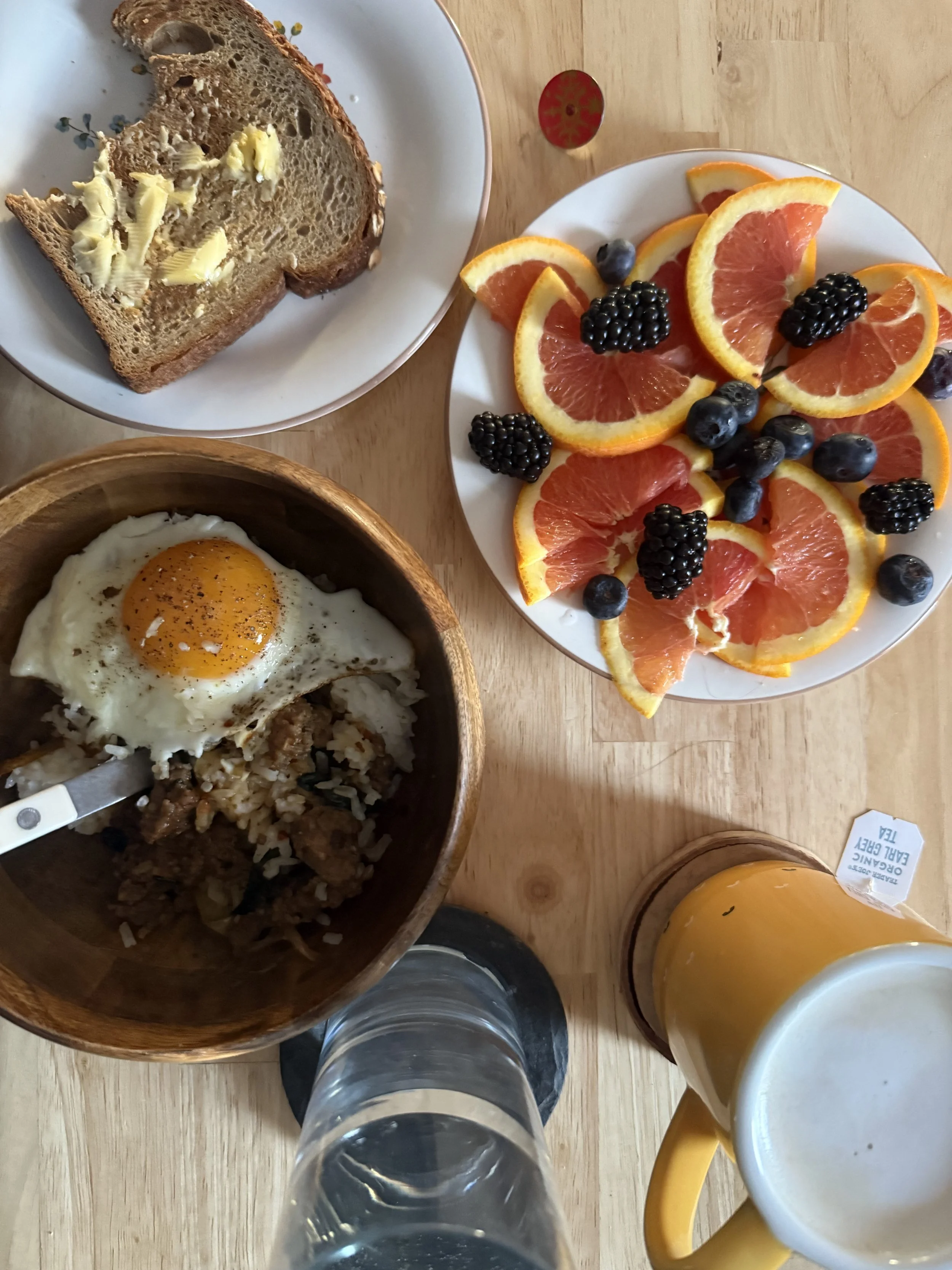 Anything can be breakfast if you add an egg, right? This here is a bowl of what I call my "dog food," an often meal prep in my household. It's spicy pork, rice, a boatload of kale, and seasonings. I was feeling ultra cozy, so I opted for a London Fog