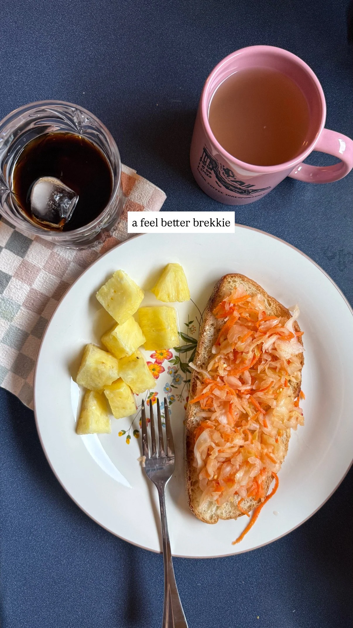 Kimchi toast reigns supreme. Paired with pineapple to boost immunity, a honey and lemon tea, and a shot of espresso over ice (still needed some energy). 