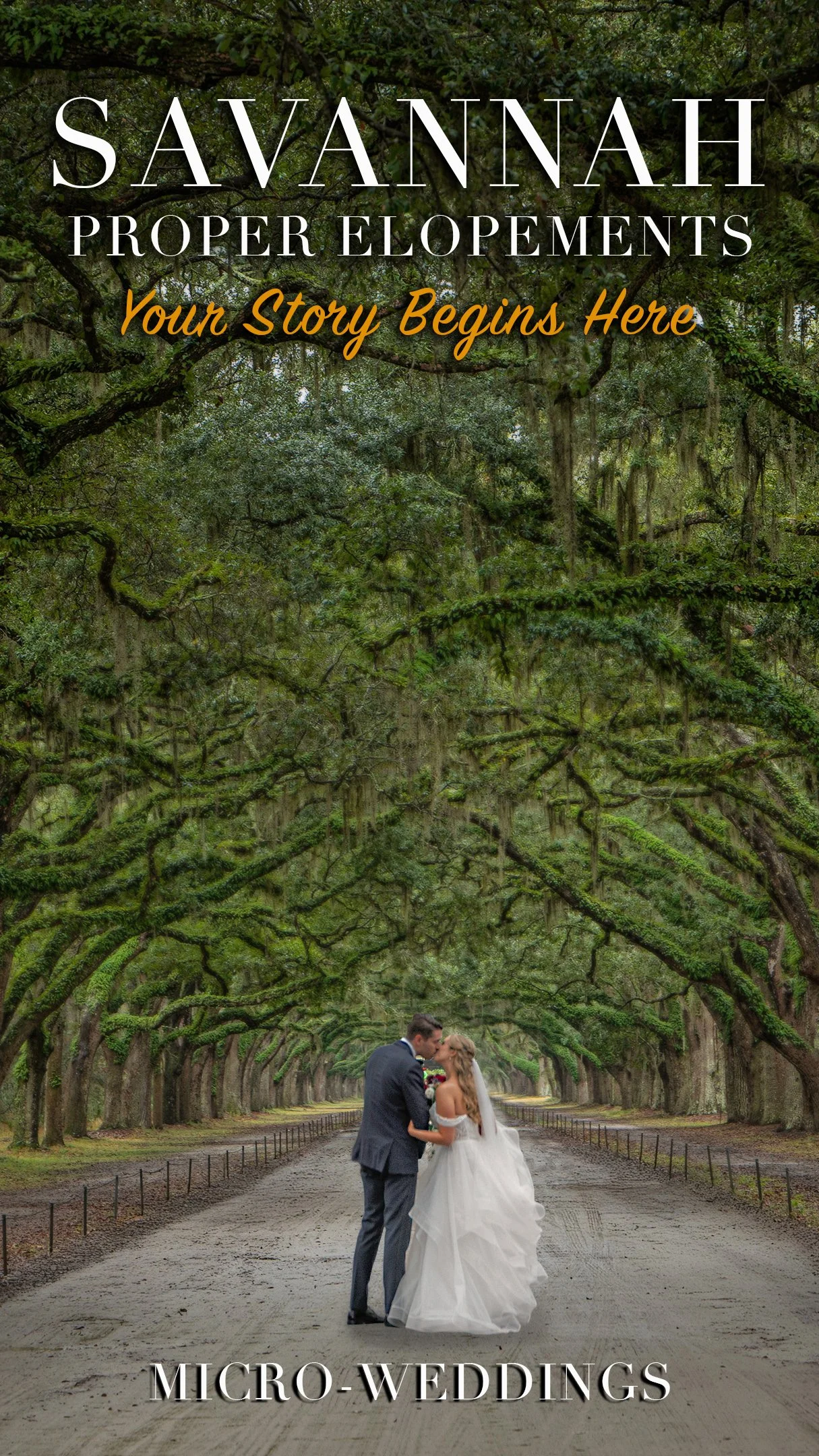 A bride and groom kiss between the live oaks during their Savannah Elopement and Micro-Wedding