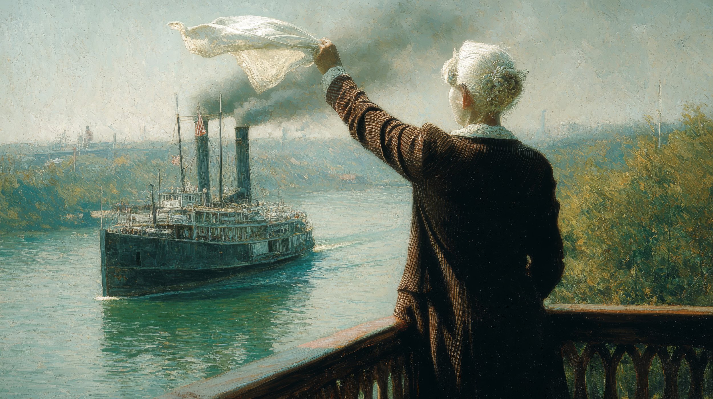 Artist's illustration of Florence Martus waving to an arriving ship on the Savannah River near Savannah, Georgia.