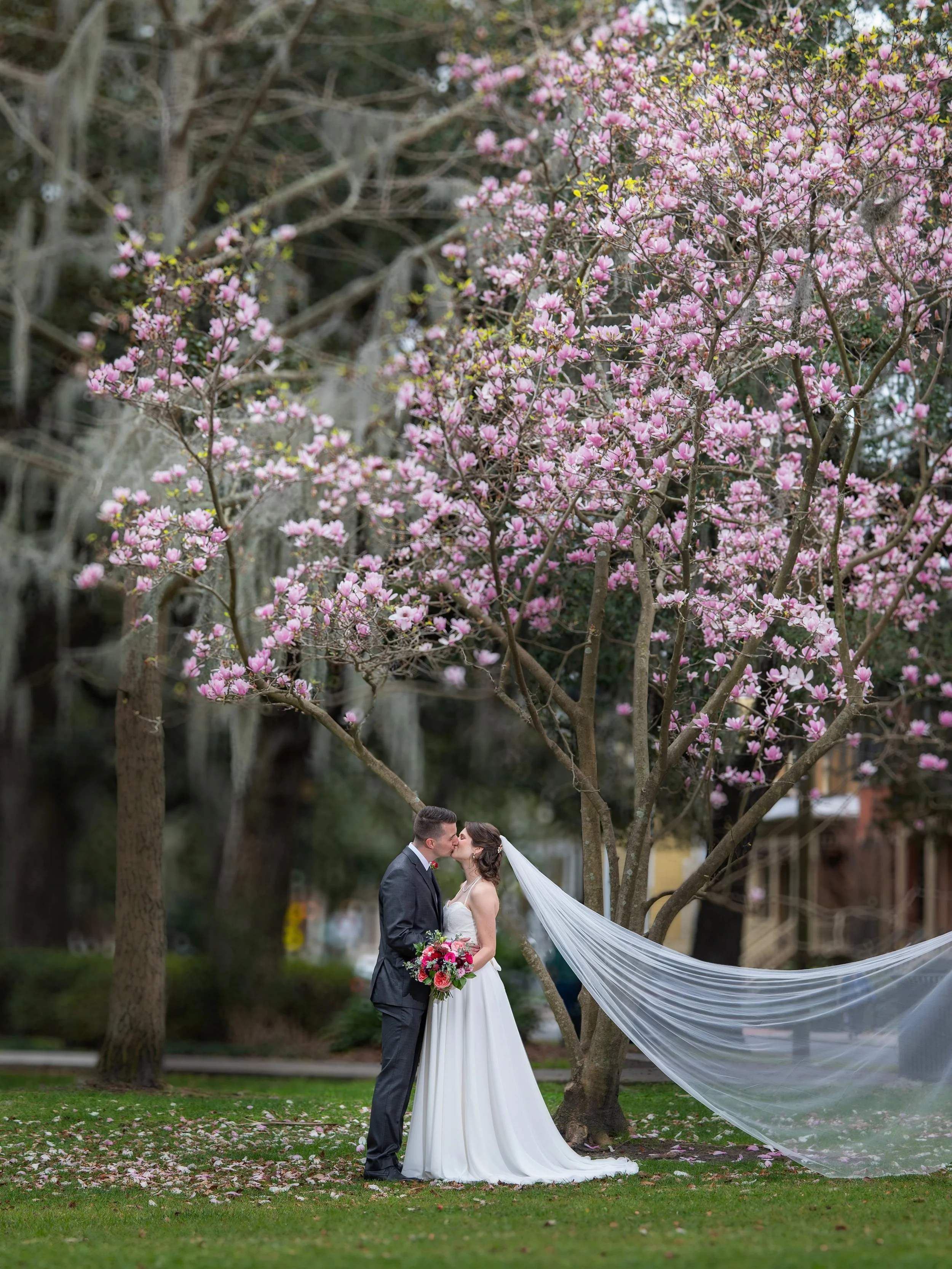 Tim and Daniella share a romantic spring wedding portrait beneath a flowering tree in Savannah.