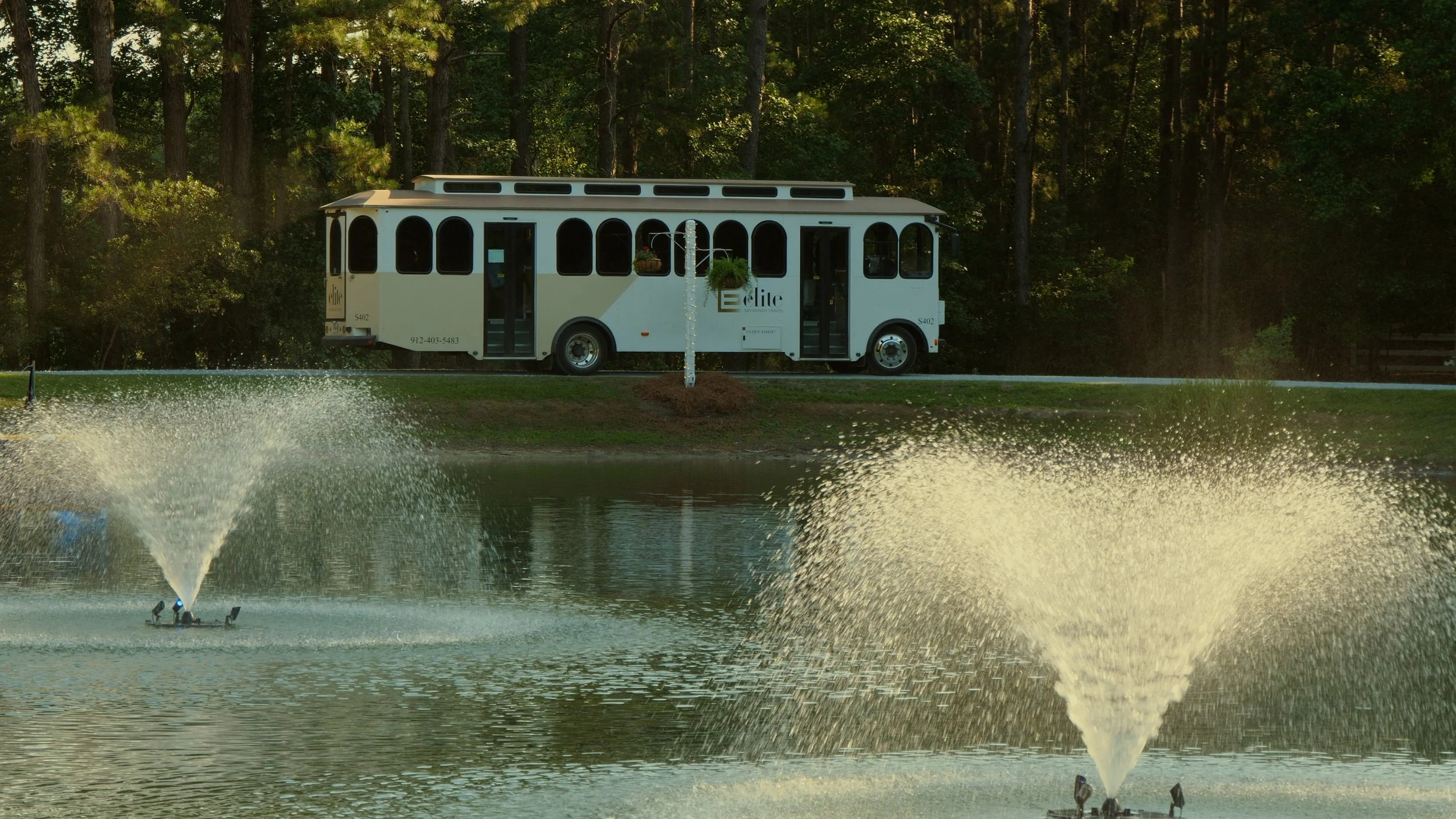 An Elite Trolley transports guests from Historic Downtown Savannah to The Mackey House for a corporate event.