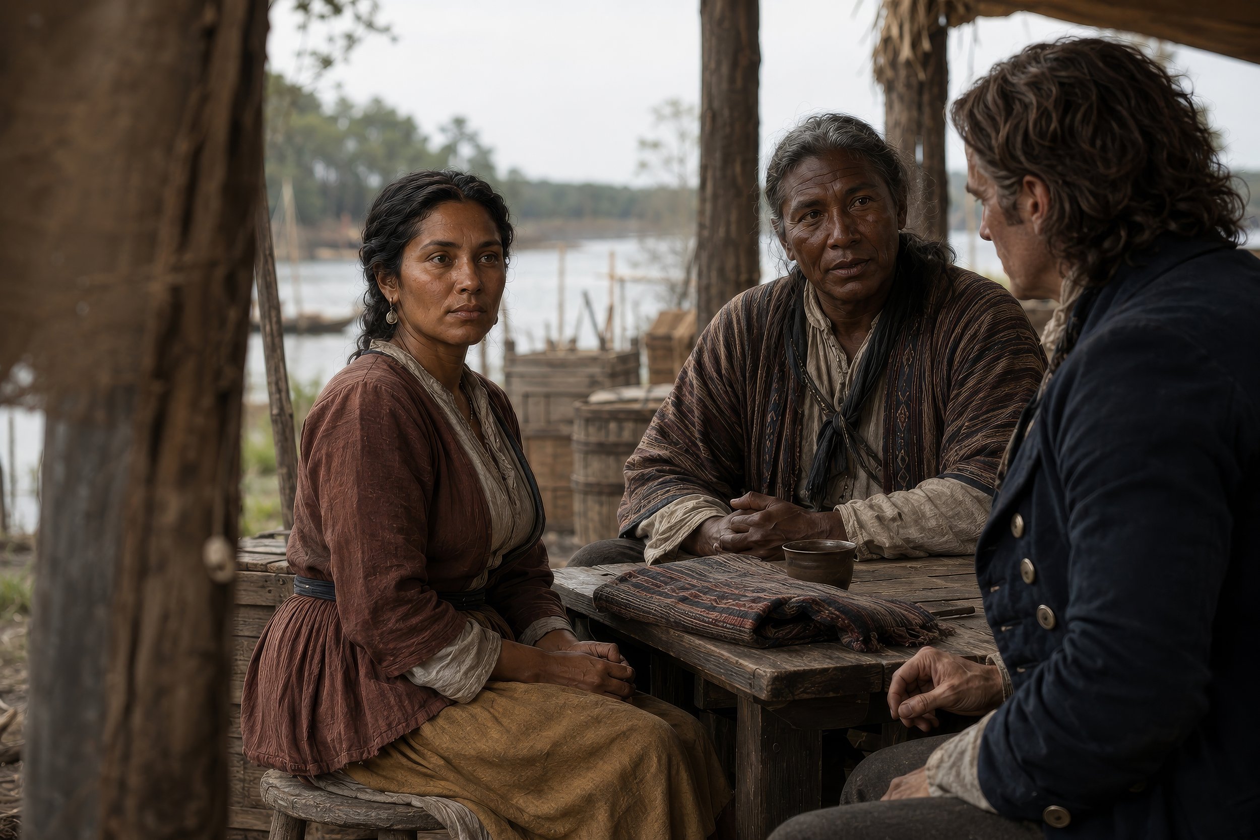 Mary Musgrove listens during a 1733 discussion between Yamacraw leader Tomochichi and James Oglethorpe near Savannah.