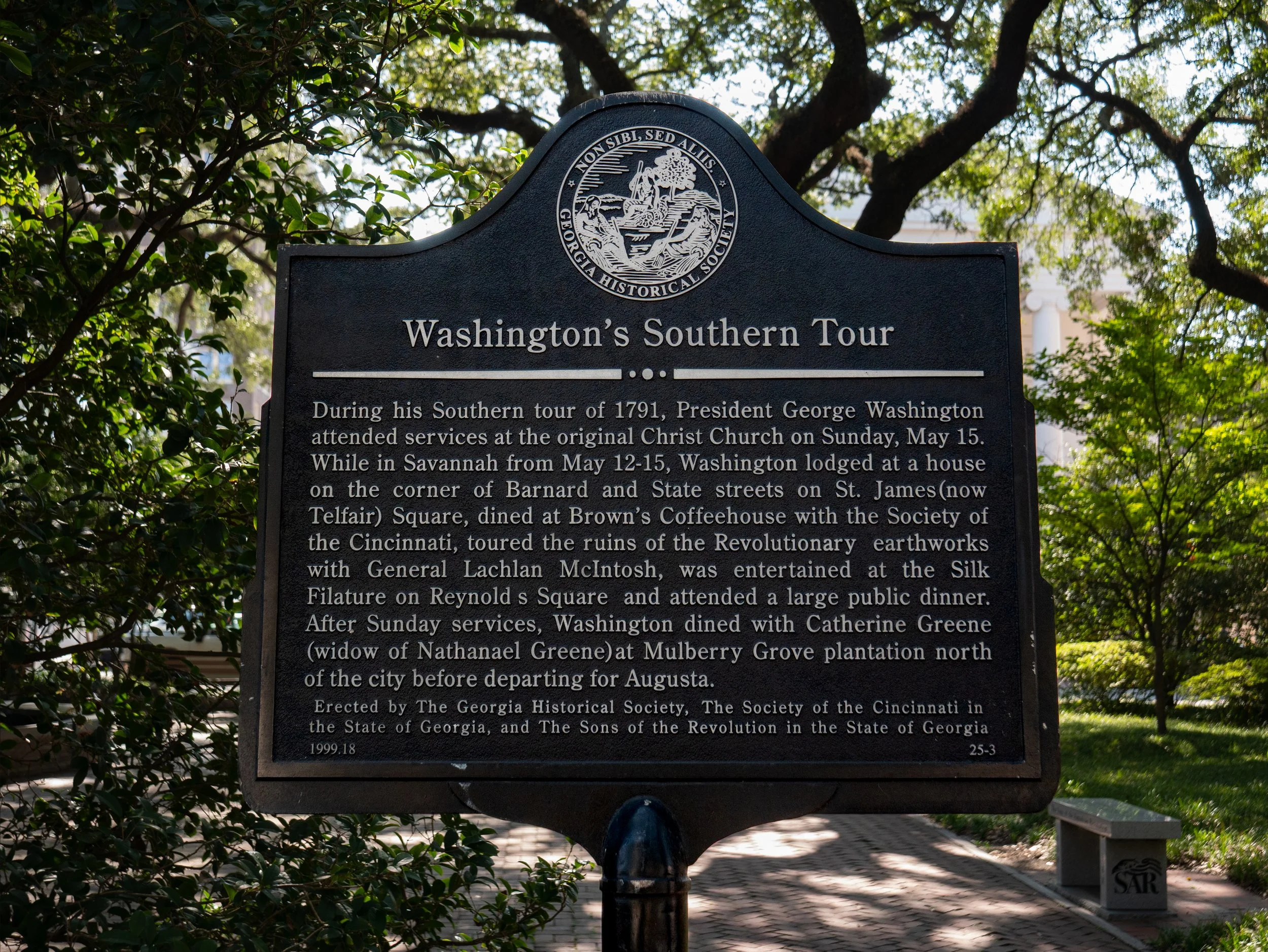 Washington’s Southern Tour historical marker in Johnson Square, Savannah.