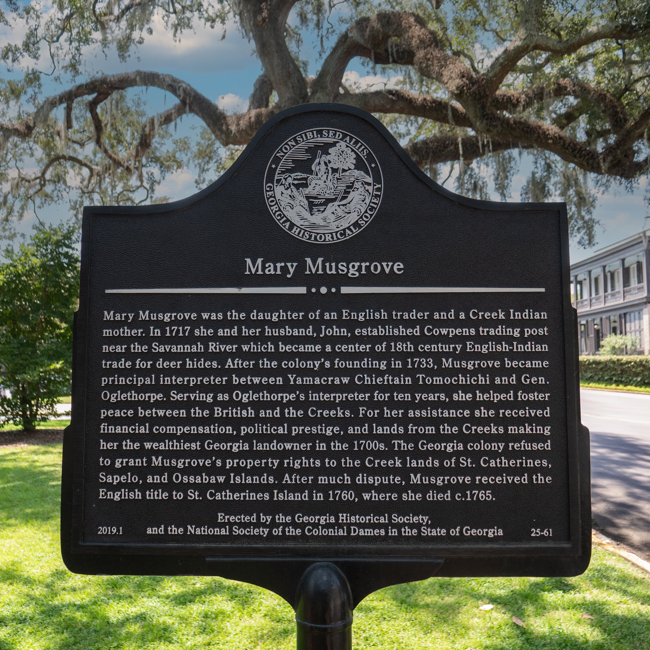 Historical marker detailing Mary Musgrove’s role as an interpreter, diplomat and cultural intermediary in colonial Georgia.