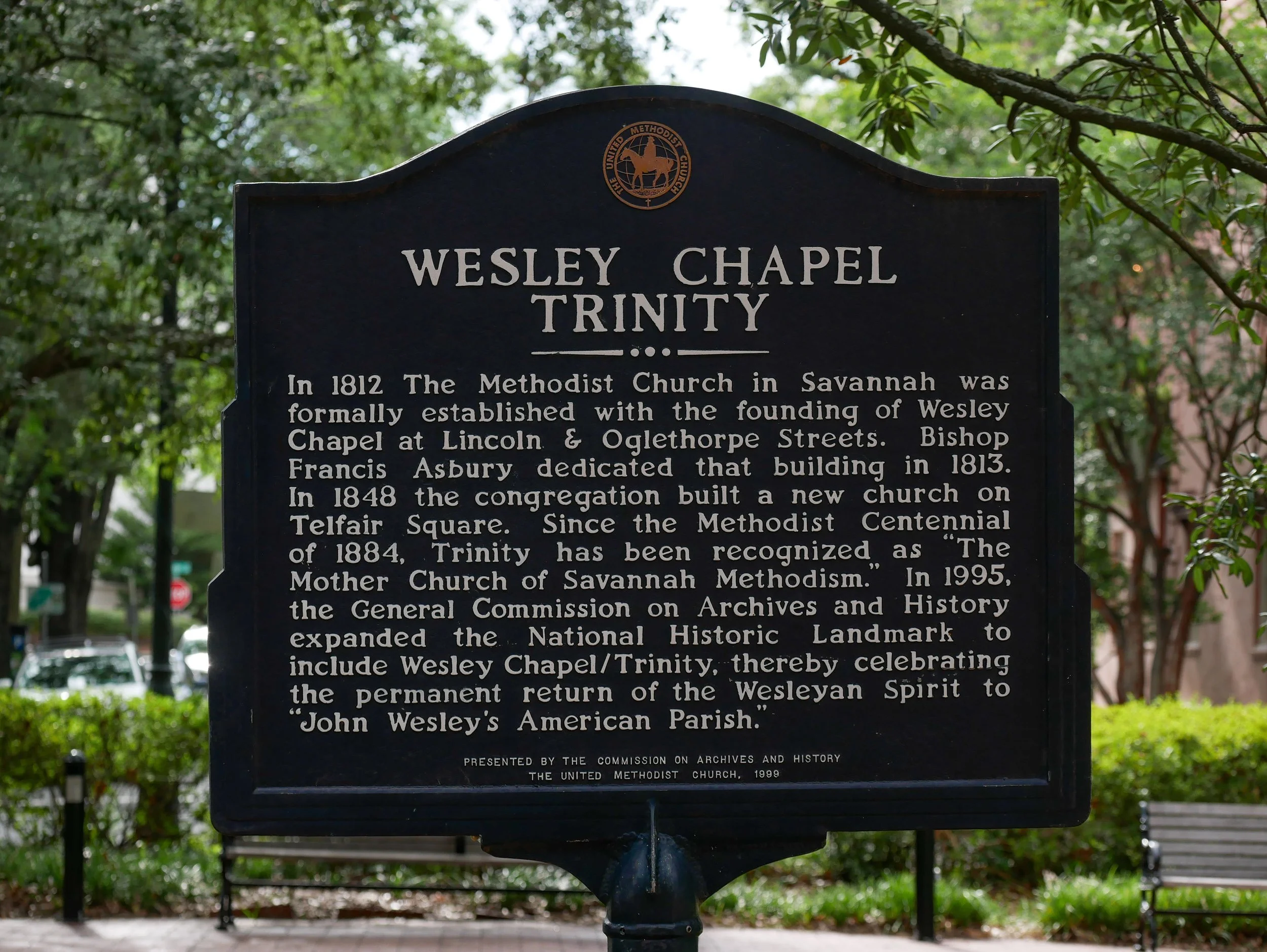 Historic Wesley Chapel and Trinity Methodist plaque in Reynolds Square, Savannah, Georgia, recognizing the origins of Savannah Methodism.
