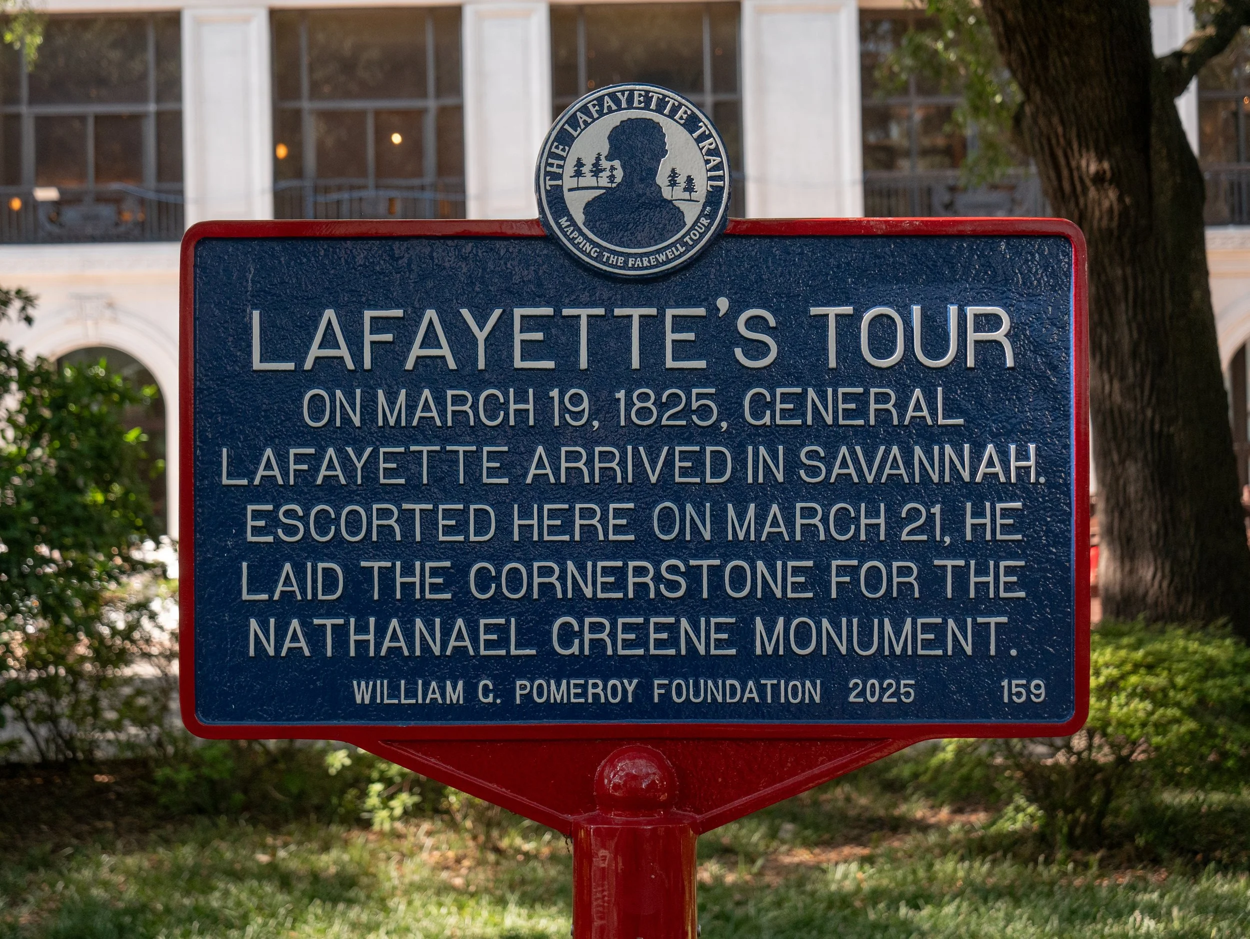 Lafayette’s Tour marker commemorating the 1825 cornerstone ceremony in Johnson Square.