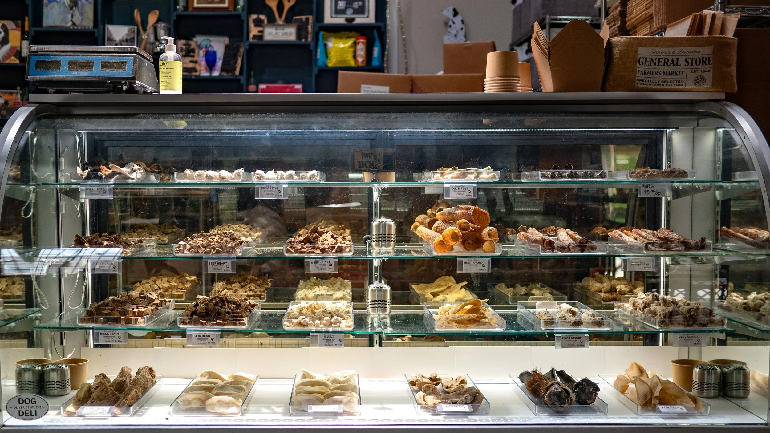 Designer dog treats displayed inside the glass bakery case at Oliver Bentleys in Savannah.