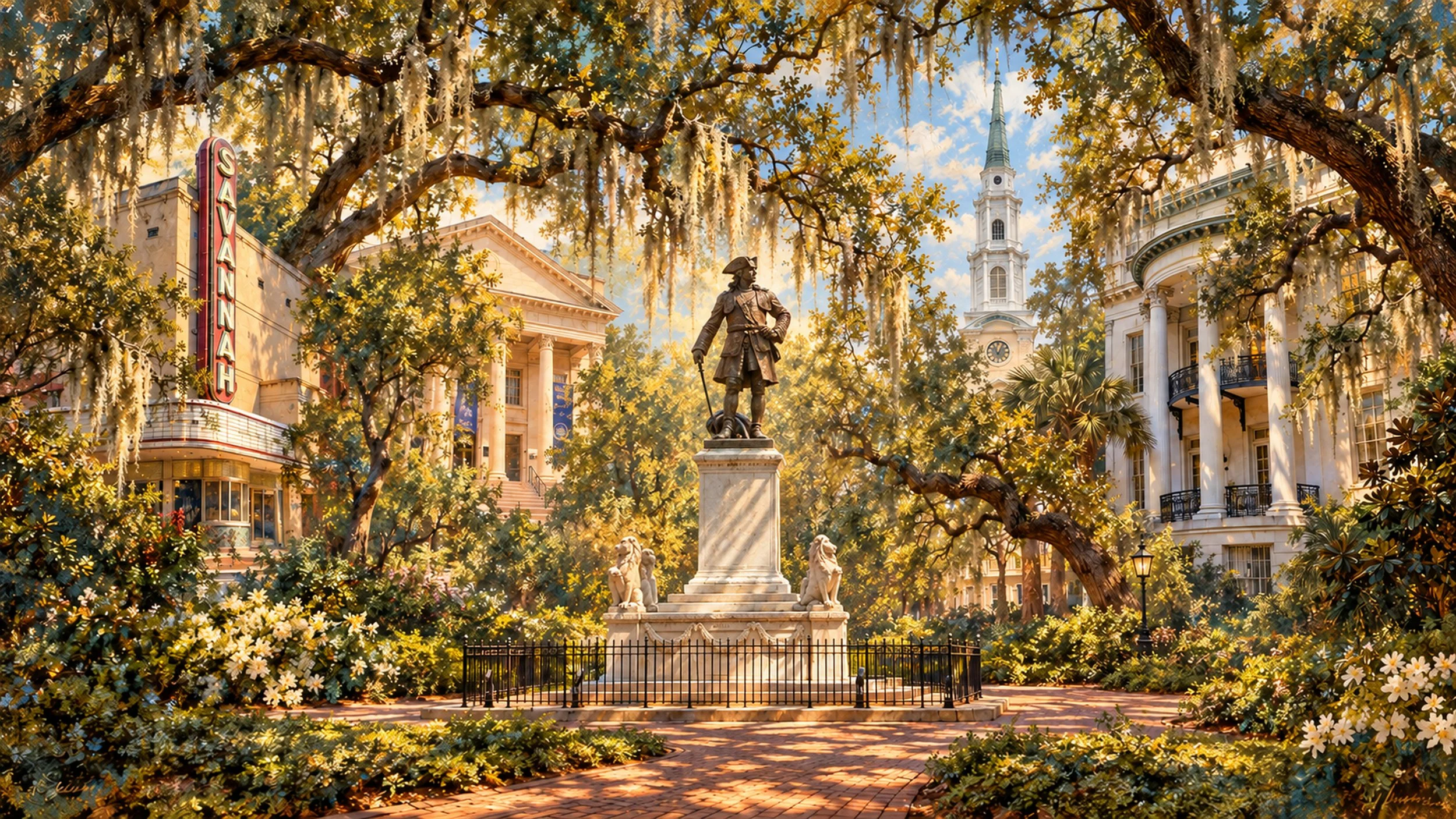 Fine art composite of Savannah’s Chippewa Square featuring the Oglethorpe monument, historic buildings, and live oaks draped in Spanish moss.