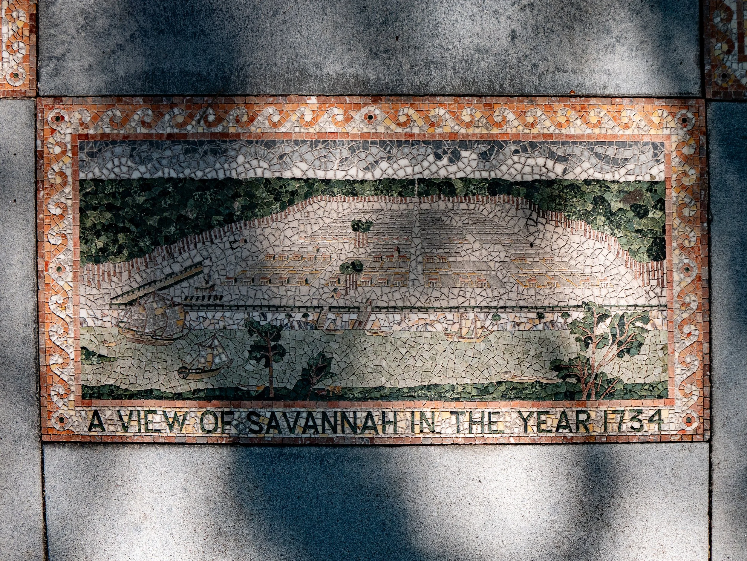 Mosaic depicting a view of Savannah in 1734 at the Johnson Square sundial.