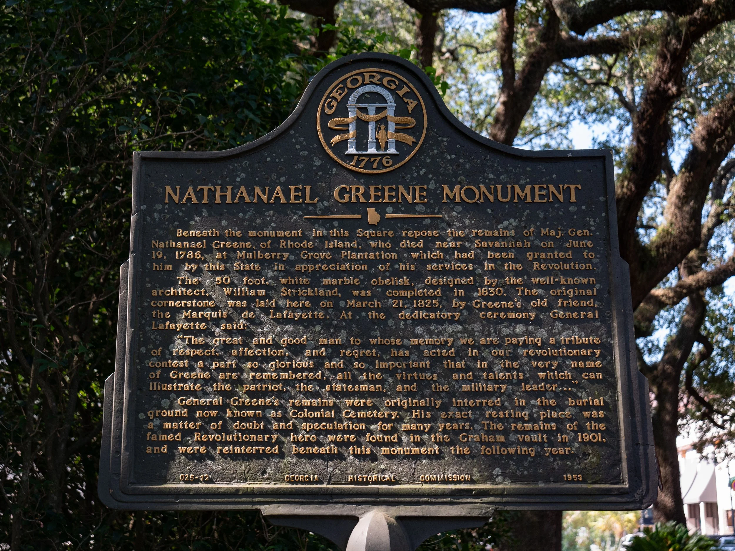 Historical marker describing the Nathanael Greene Monument and Greene’s reinterment in Johnson Square, Savannah.
