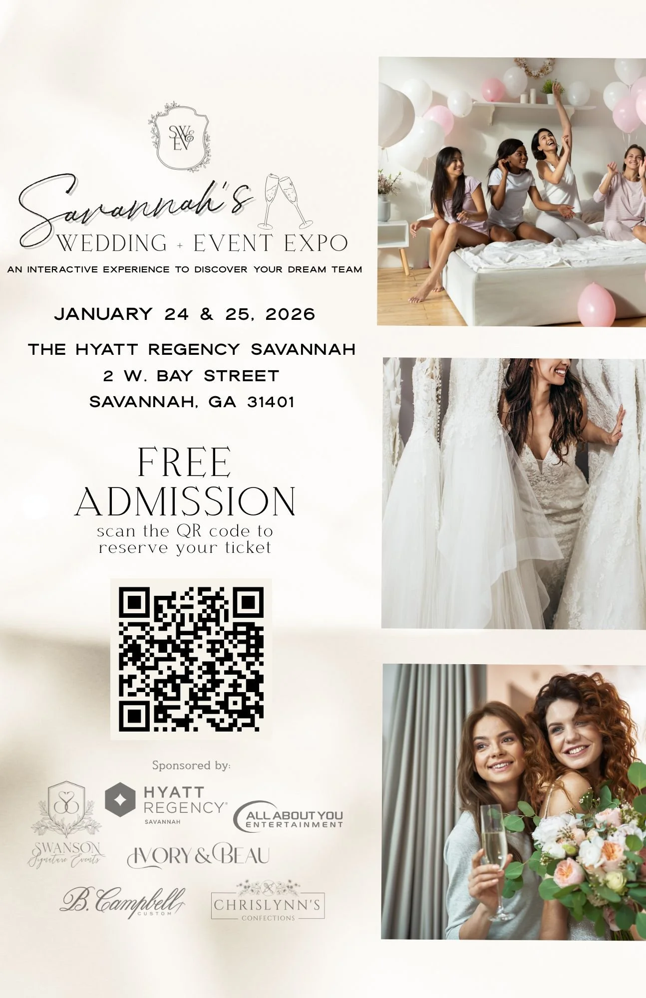 Invitation flyer for Savannah's Wedding and Event Expo, taking place January 24-25, 2026 at The Hyatt Regency Savannah, featuring images of women celebrating, wedding dresses, and friends with flowers. Free admission with QR code for tickets.