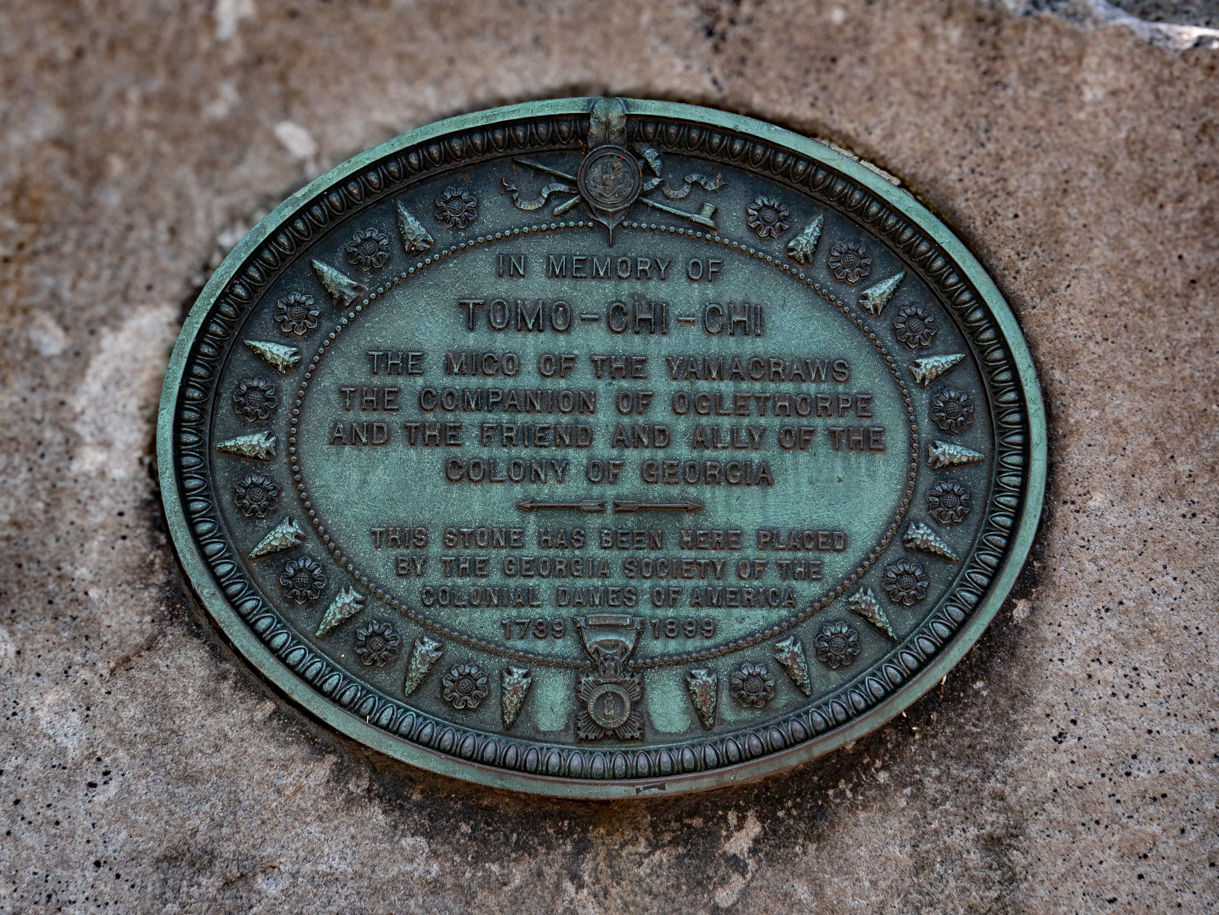 Bronze memorial plaque honoring Tomochichi in Wright Square