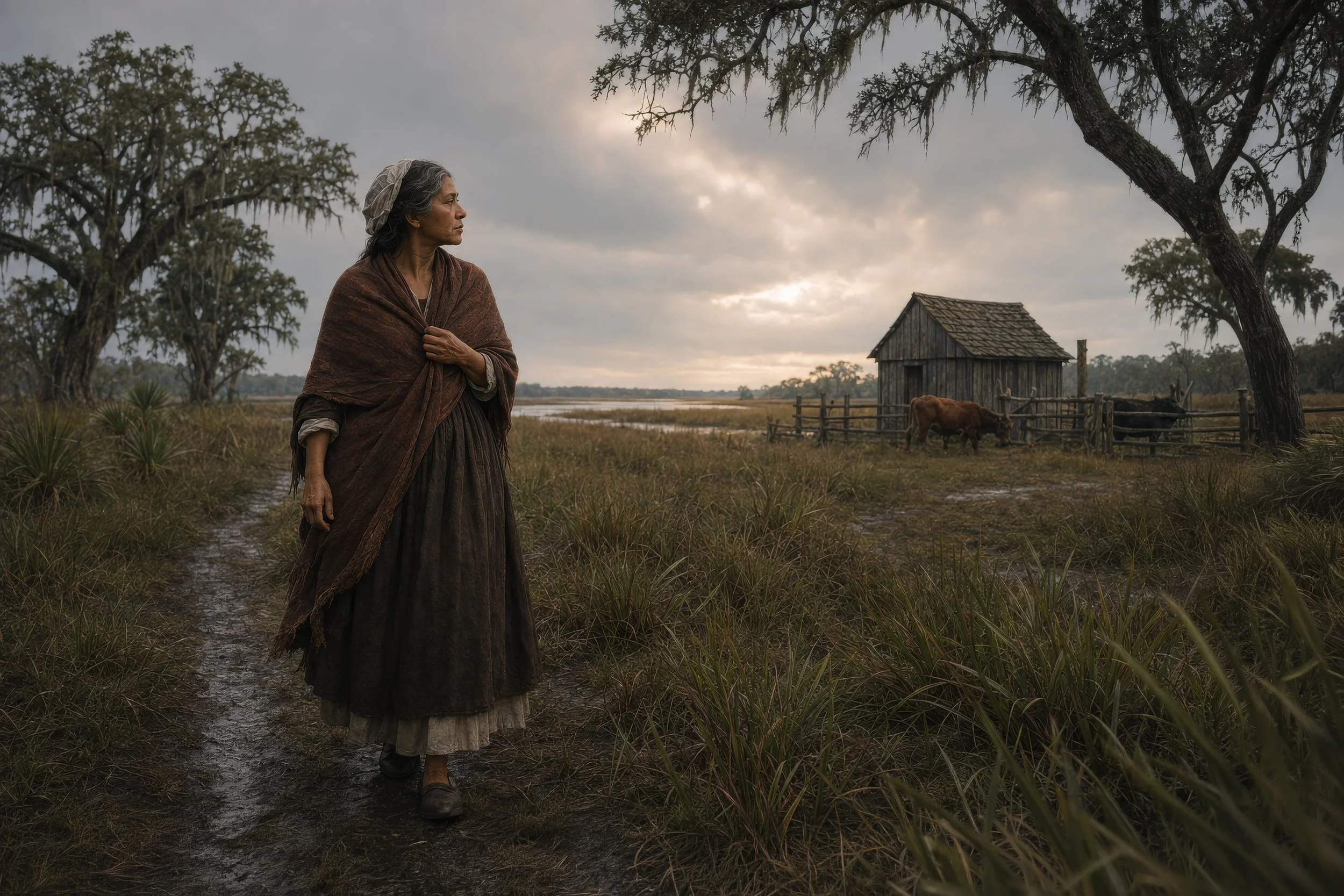 An older Mary Musgrove walks through the coastal marsh landscape of St. Catherines Island around 1760.