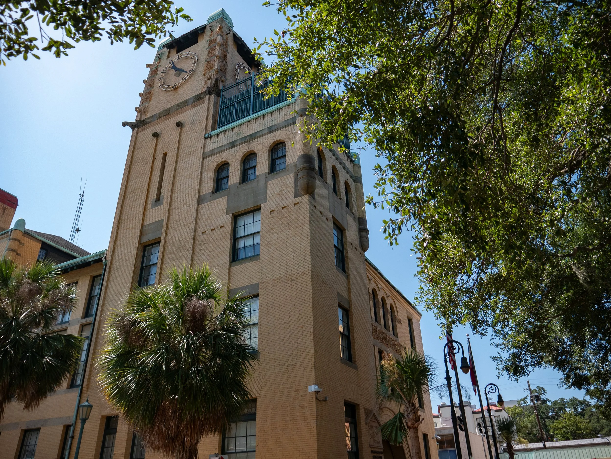 Historic Chatham County Courthouse and clock tower beside Wright Square