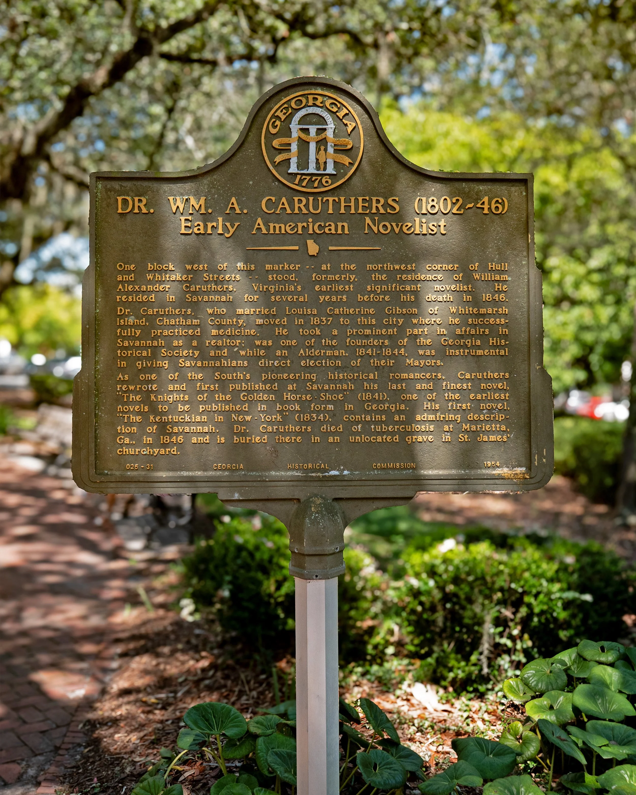 Historical marker honoring physician and novelist William Alexander Caruthers in Chippewa Square.