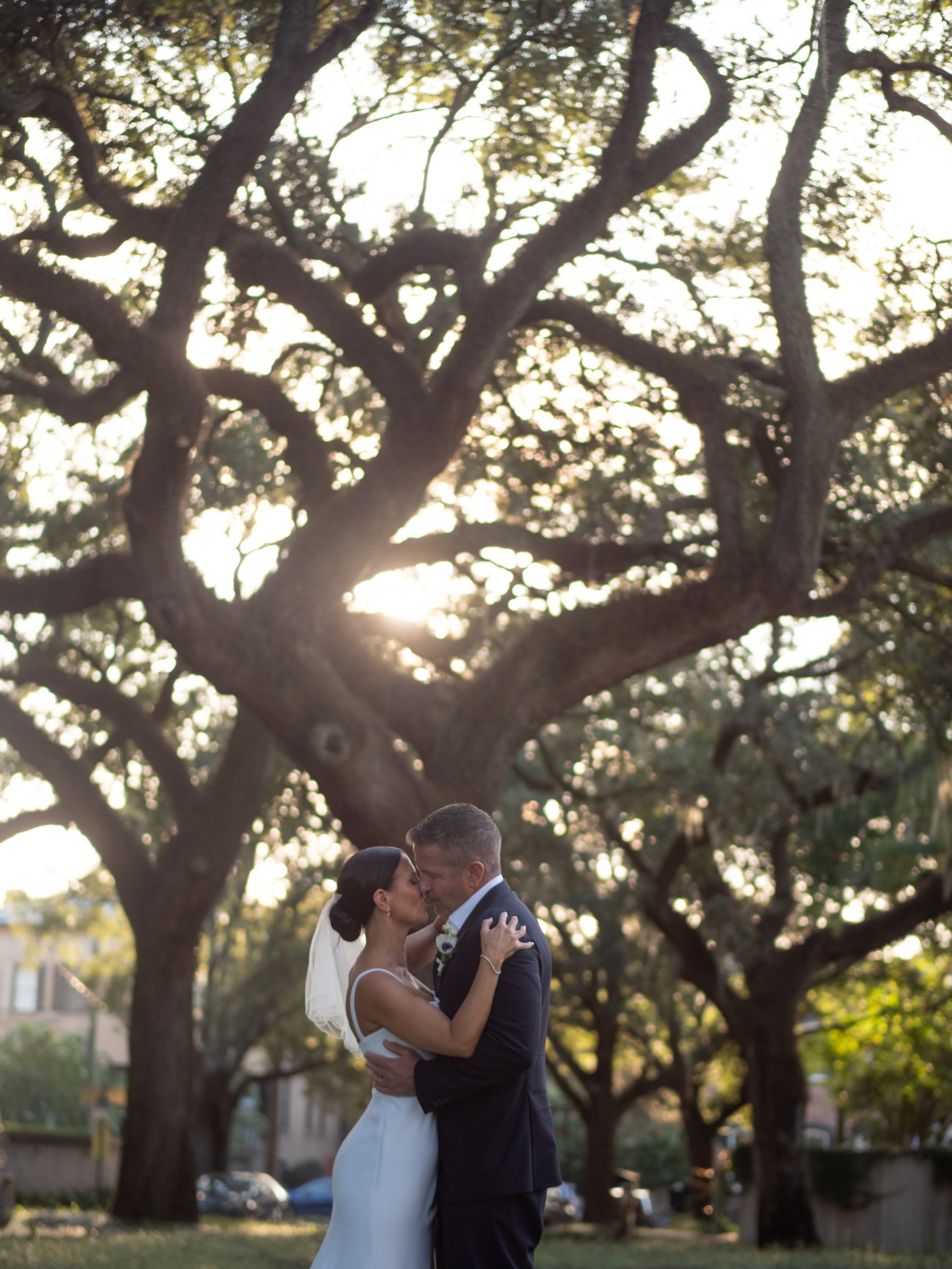 Newlyweds kissing beneath a sprawling live oak in Pulaski Square
