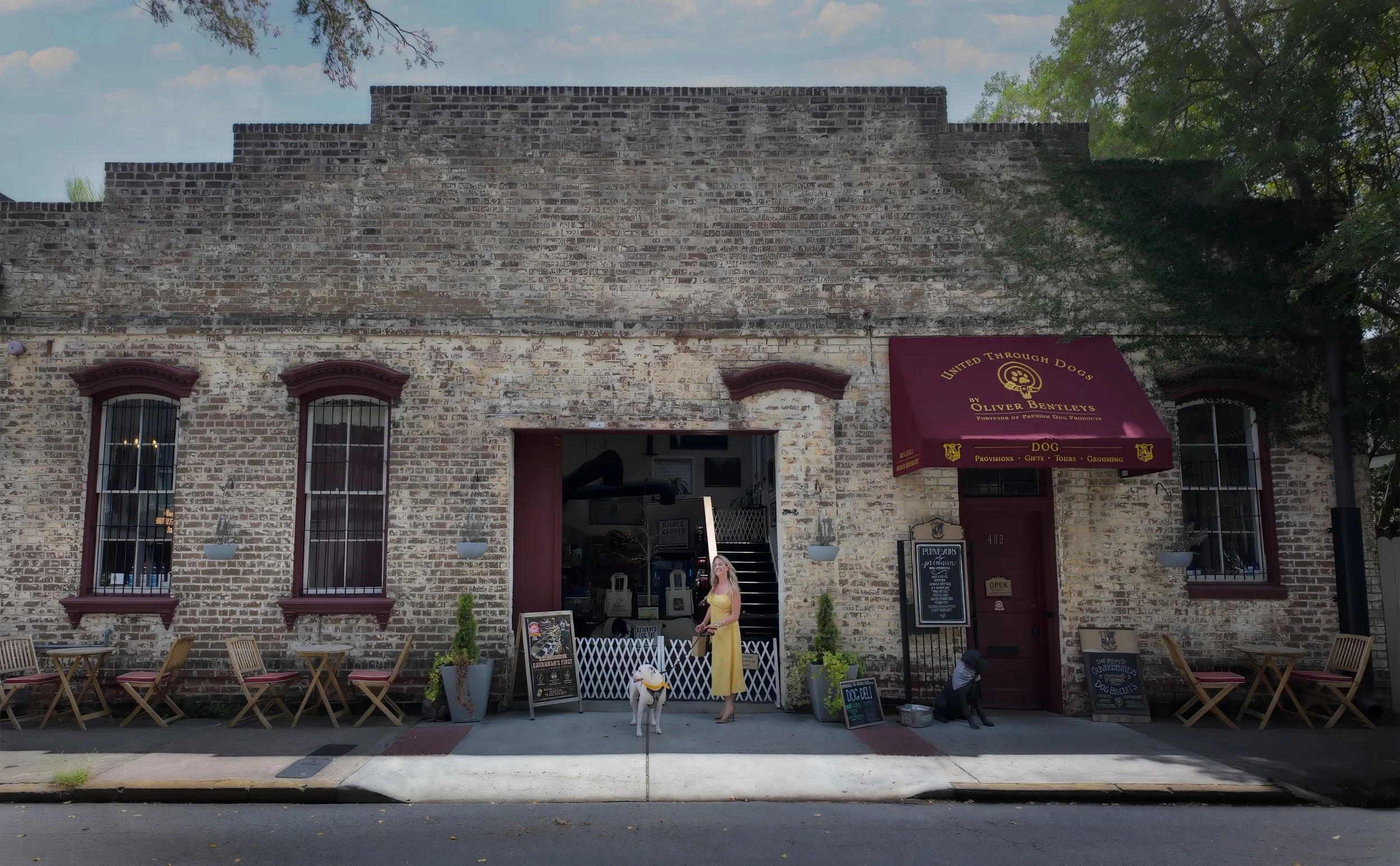 Exterior of Oliver Bentleys, a specialty dog boutique and deli in Savannah, Georgia.