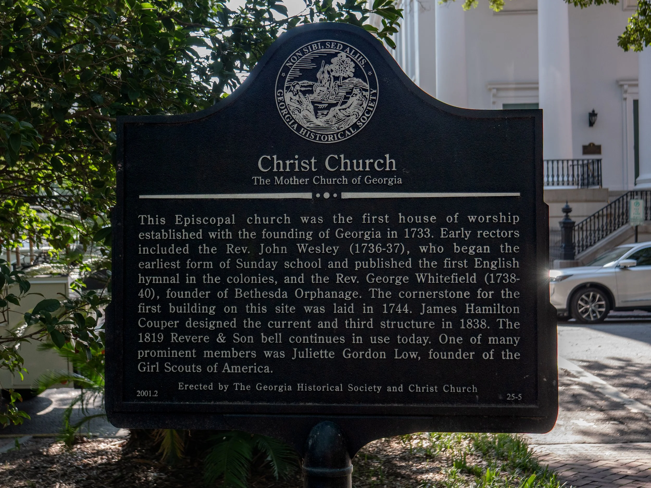 Historical marker explaining the colonial history of Christ Church in Savannah.
