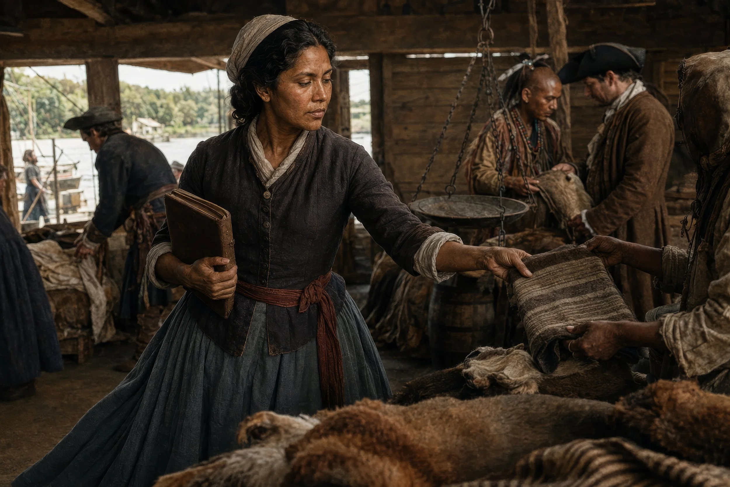 Mary Musgrove examines trade cloth while managing commerce at the Cowpens trading post near the Savannah River.