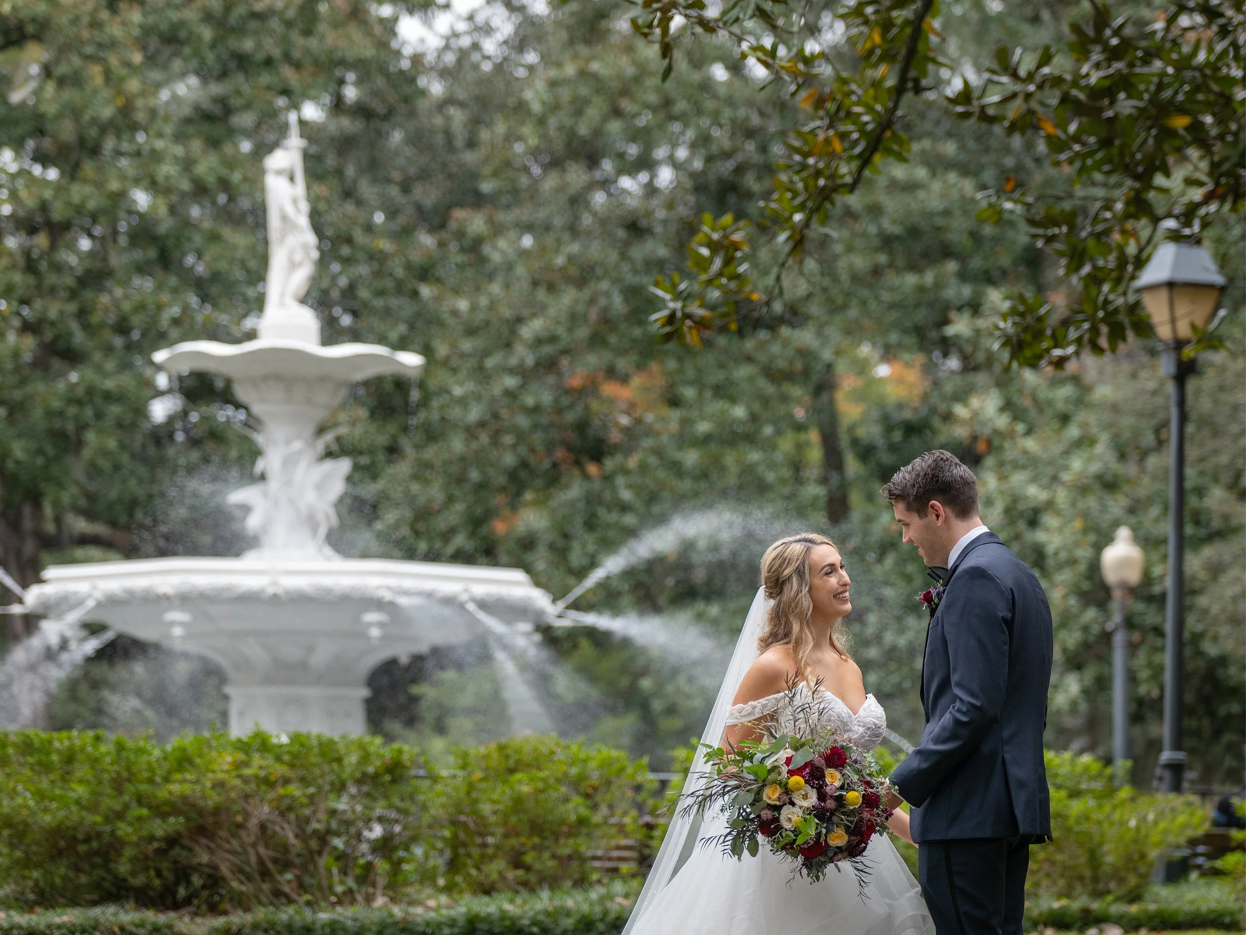 Wedding portrait at the Forsyth Park Fountain in Savannah GA