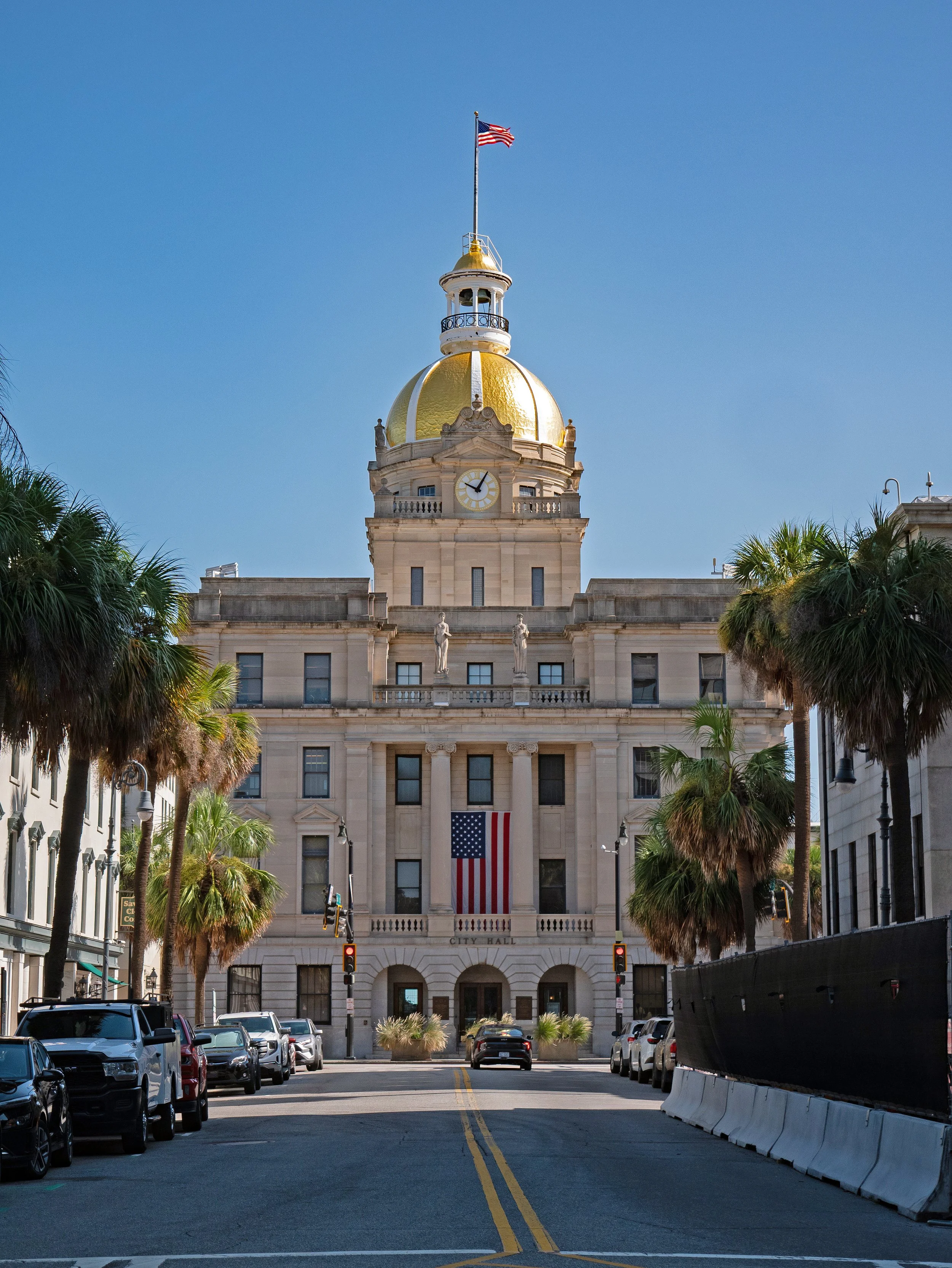 Savannah City Hall and its golden dome viewed north from Johnson Square.